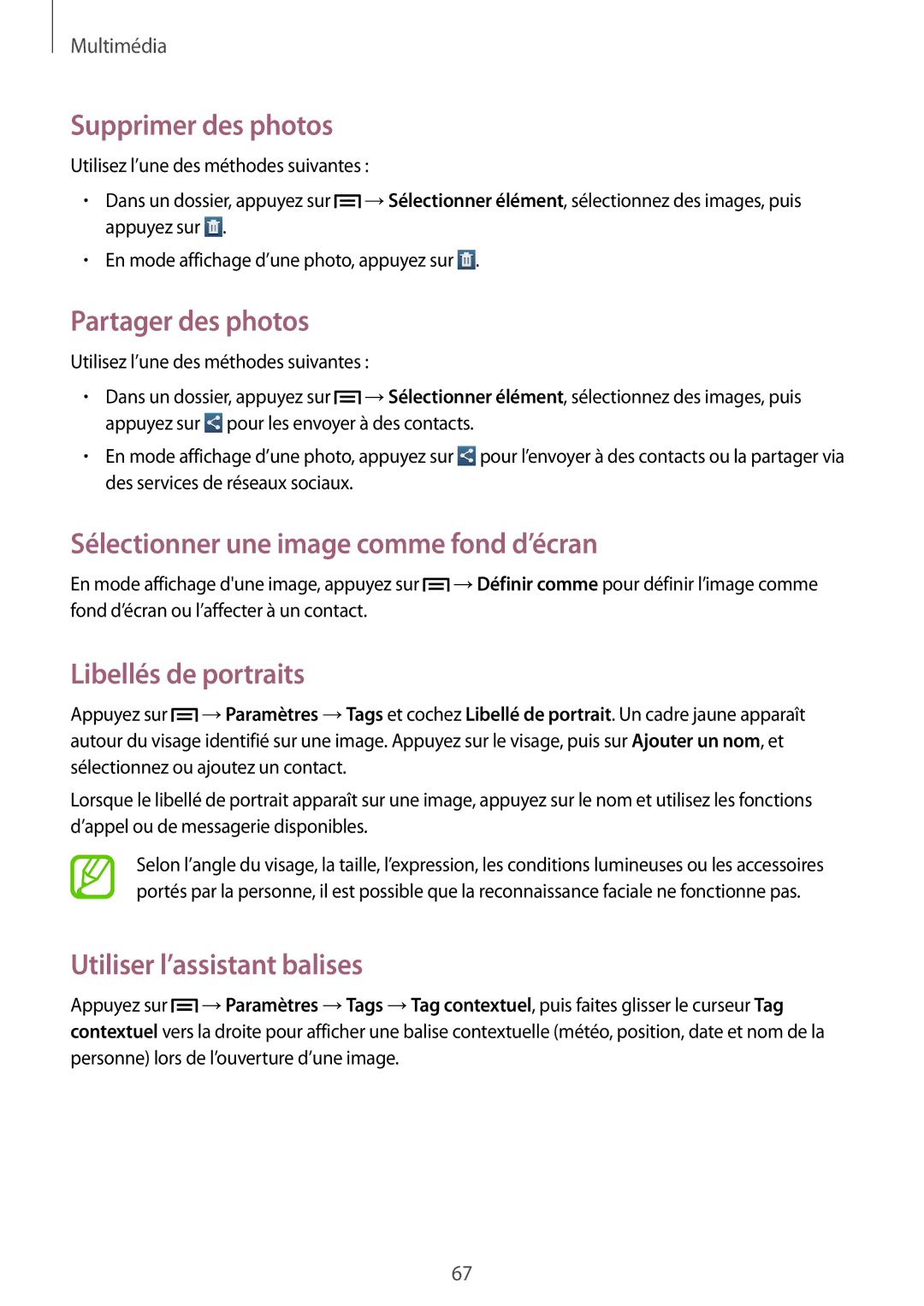 Samsung GT-P5220ZWASFR manual Supprimer des photos, Partager des photos, Sélectionner une image comme fond d’écran 