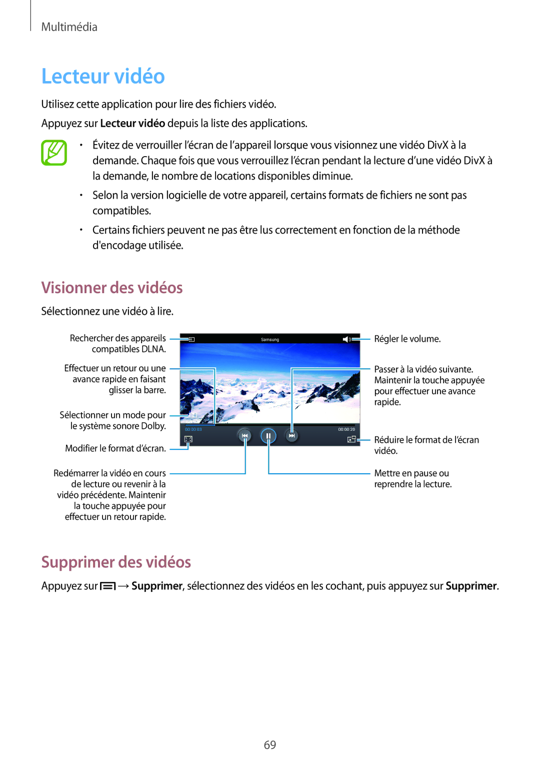 Samsung GT-P5220ZWAFTM, GT-P5220ZWAXEF, GT-P5220MKAXEF, GT-P5220ZWASFR manual Lecteur vidéo, Supprimer des vidéos 