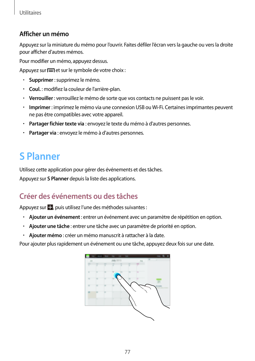 Samsung GT-P5220ZWAFTM, GT-P5220ZWAXEF, GT-P5220MKAXEF manual Planner, Créer des événements ou des tâches, Afficher un mémo 