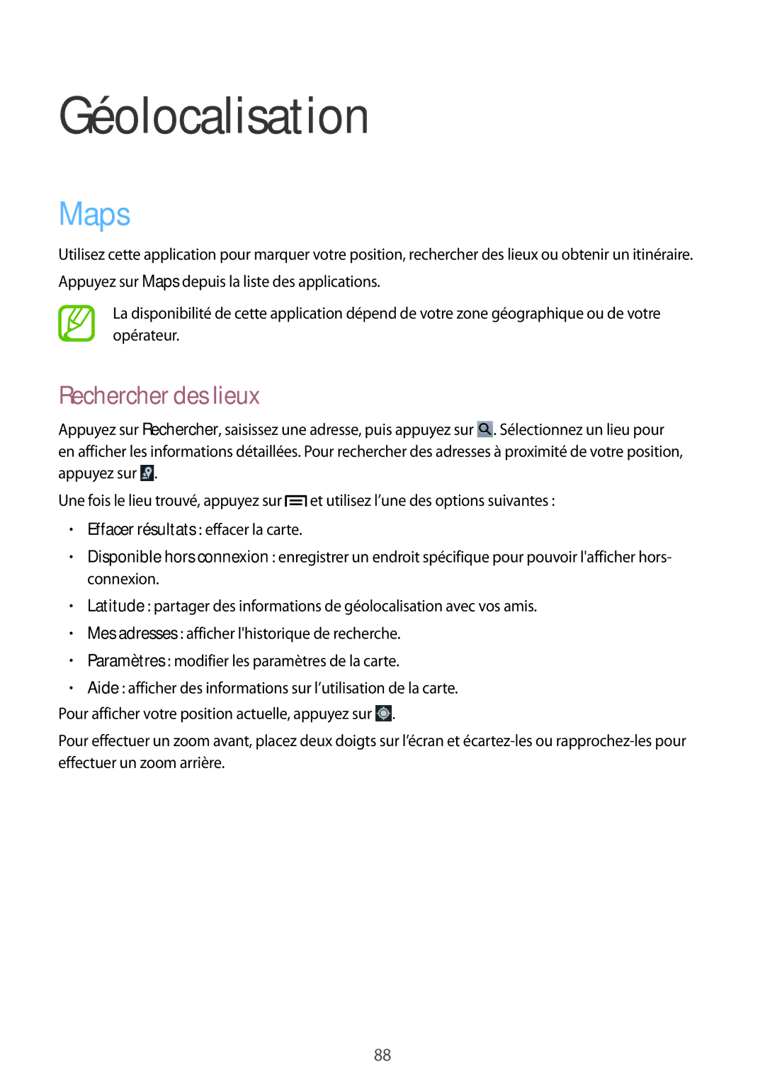 Samsung GT-P5220ZWAXEF, GT-P5220ZWAFTM, GT-P5220MKAXEF, GT-P5220ZWASFR manual Géolocalisation, Maps, Rechercher des lieux 