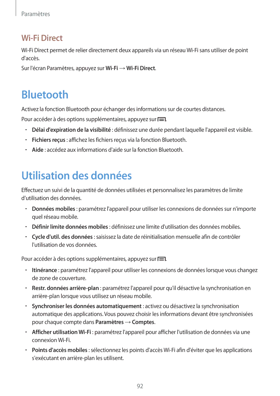 Samsung GT-P5220ZWAXEF, GT-P5220ZWAFTM, GT-P5220MKAXEF, GT-P5220ZWASFR manual Utilisation des données, Wi-Fi Direct 