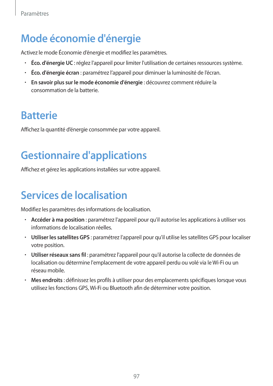 Samsung GT-P5220ZWAFTM manual Mode économie dénergie, Batterie, Gestionnaire dapplications, Services de localisation 