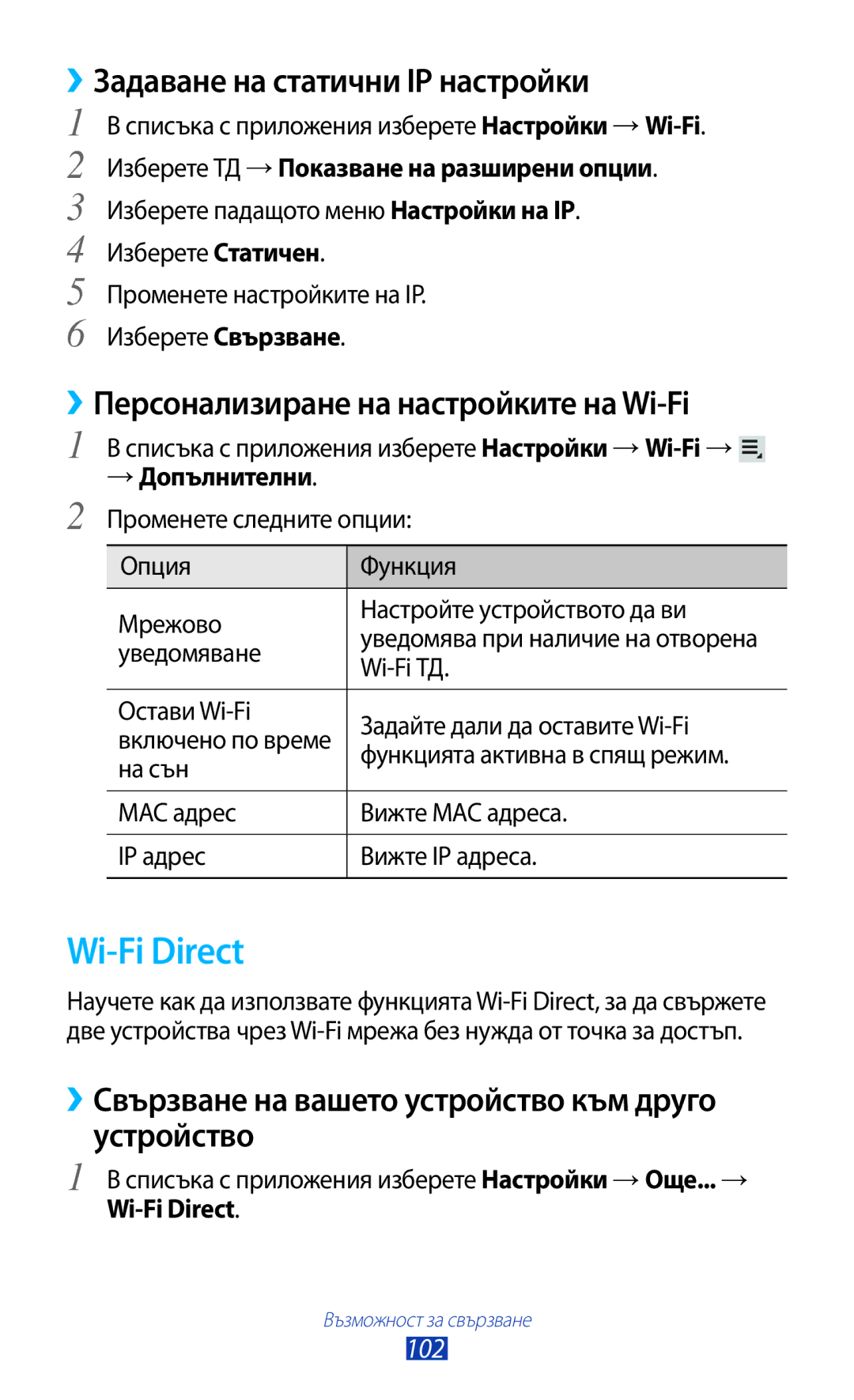 Samsung GT-P6200UWABGL Wi-Fi Direct, ››Задаване на статични IP настройки, ››Персонализиране на настройките на Wi-Fi, 102 