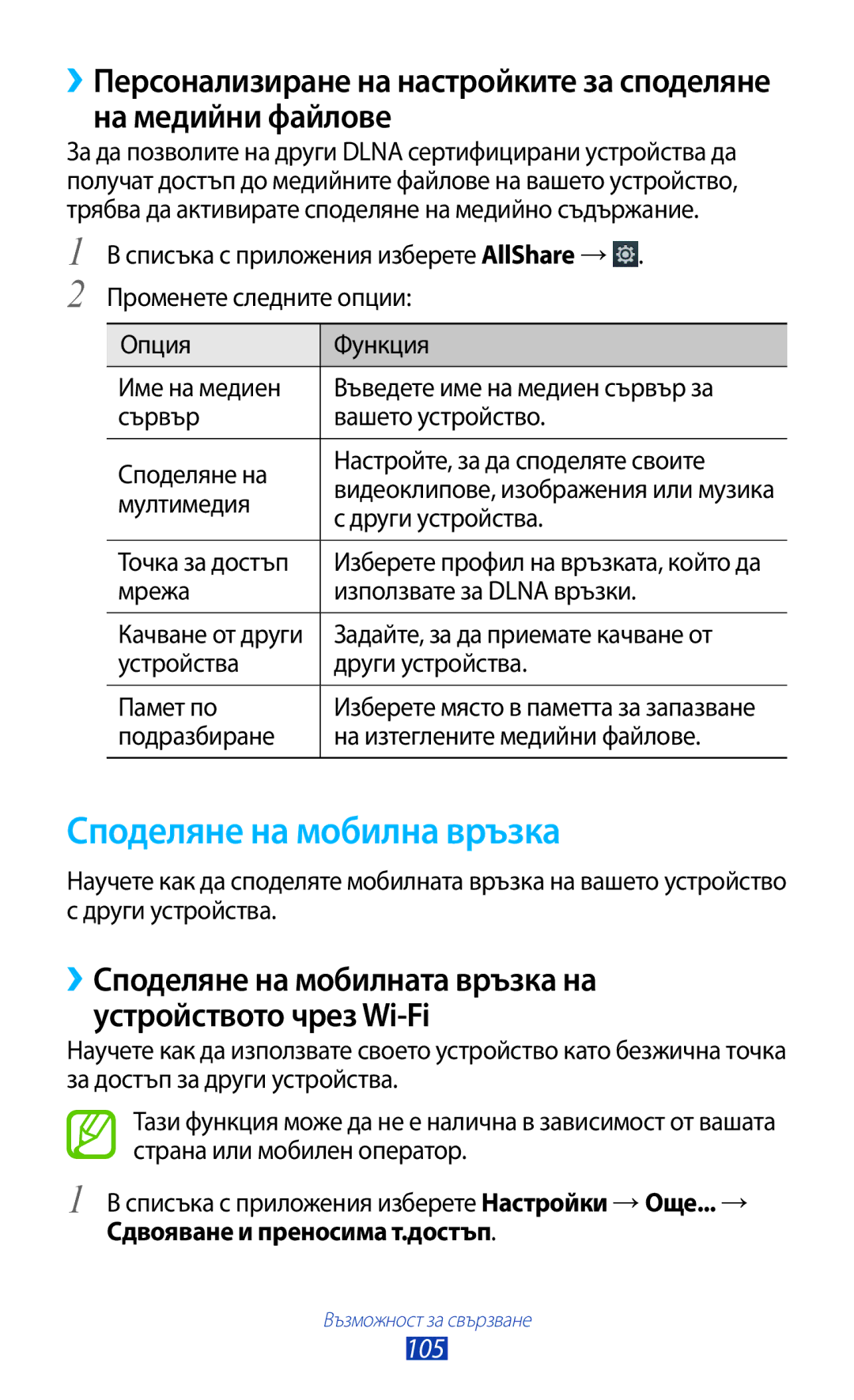 Samsung GT-P6200UWAMTL manual Споделяне на мобилна връзка, ››Споделяне на мобилната връзка на устройството чрез Wi-Fi, 105 