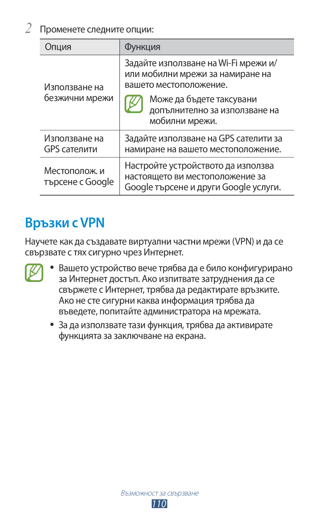 Samsung GT-P6200UWABGL manual Връзки с VPN, 110, Променете следните опции Опция Функция, Или мобилни мрежи за намиране на 