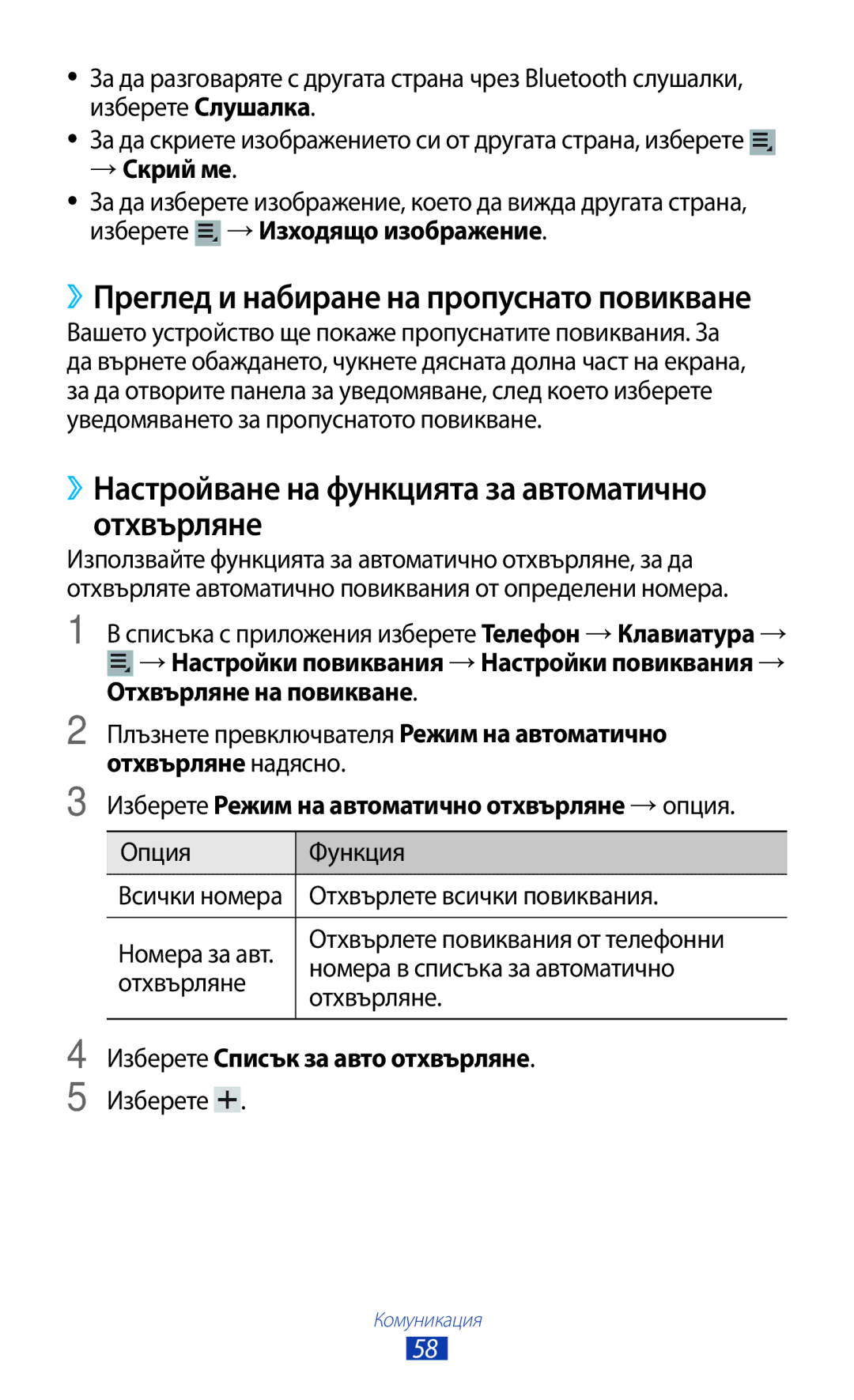 Samsung GT-P6200UWABGL manual ››Настройване на функцията за автоматично отхвърляне, → Скрий ме, Отхвърляне на повикване 