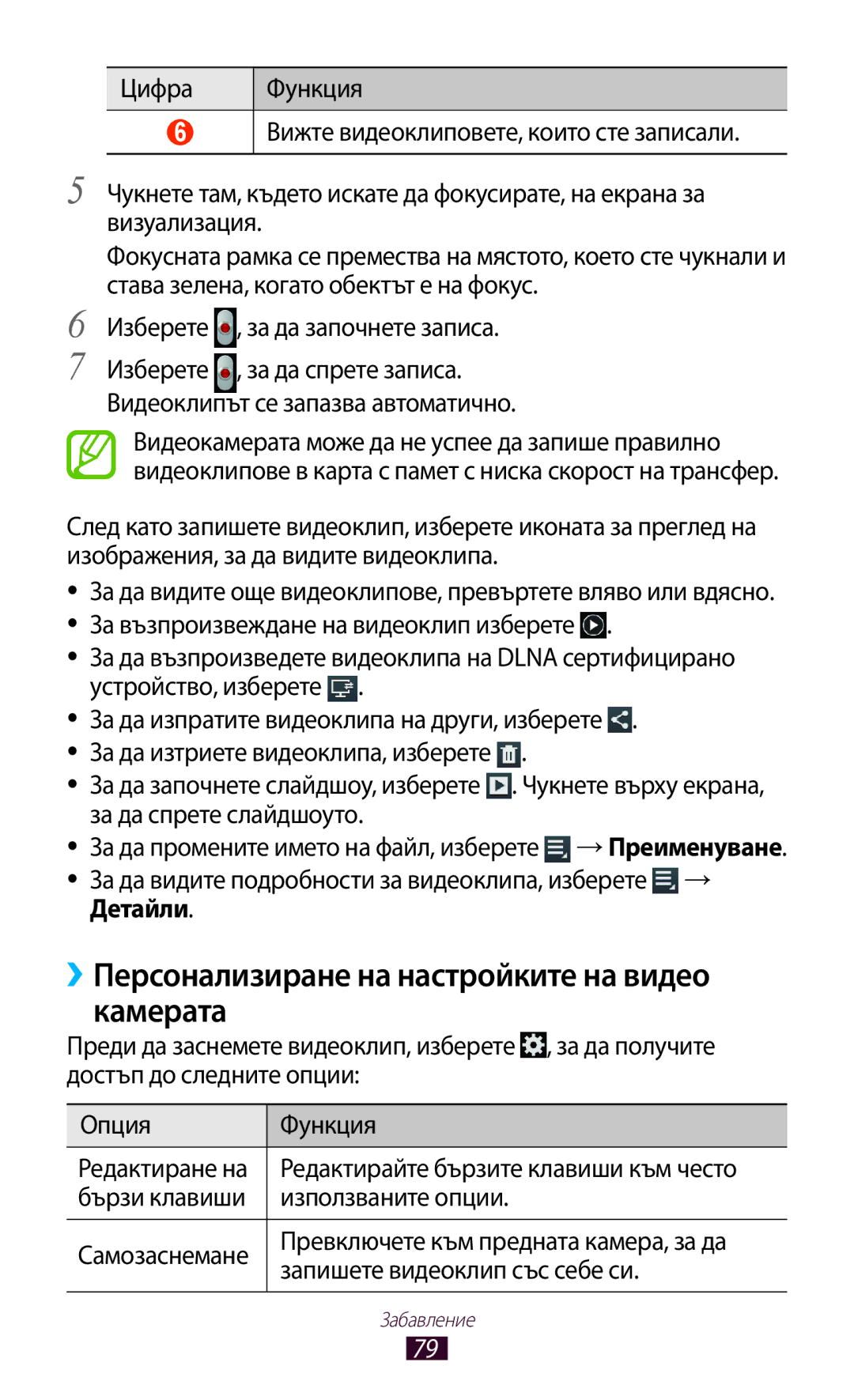 Samsung GT-P6200MAABGL manual ››Персонализиране на настройките на видео камерата, Бързи клавиши Използваните опции 