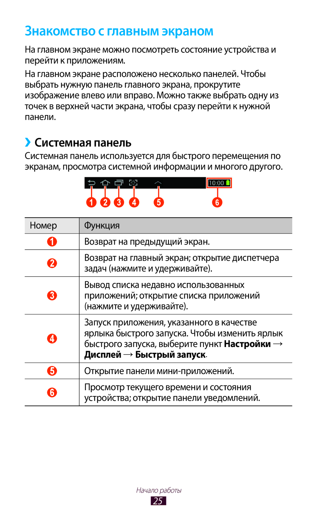 Samsung GT-P6200MAASER manual Знакомство с главным экраном, ››Системная панель, Номер Функция Возврат на предыдущий экран 