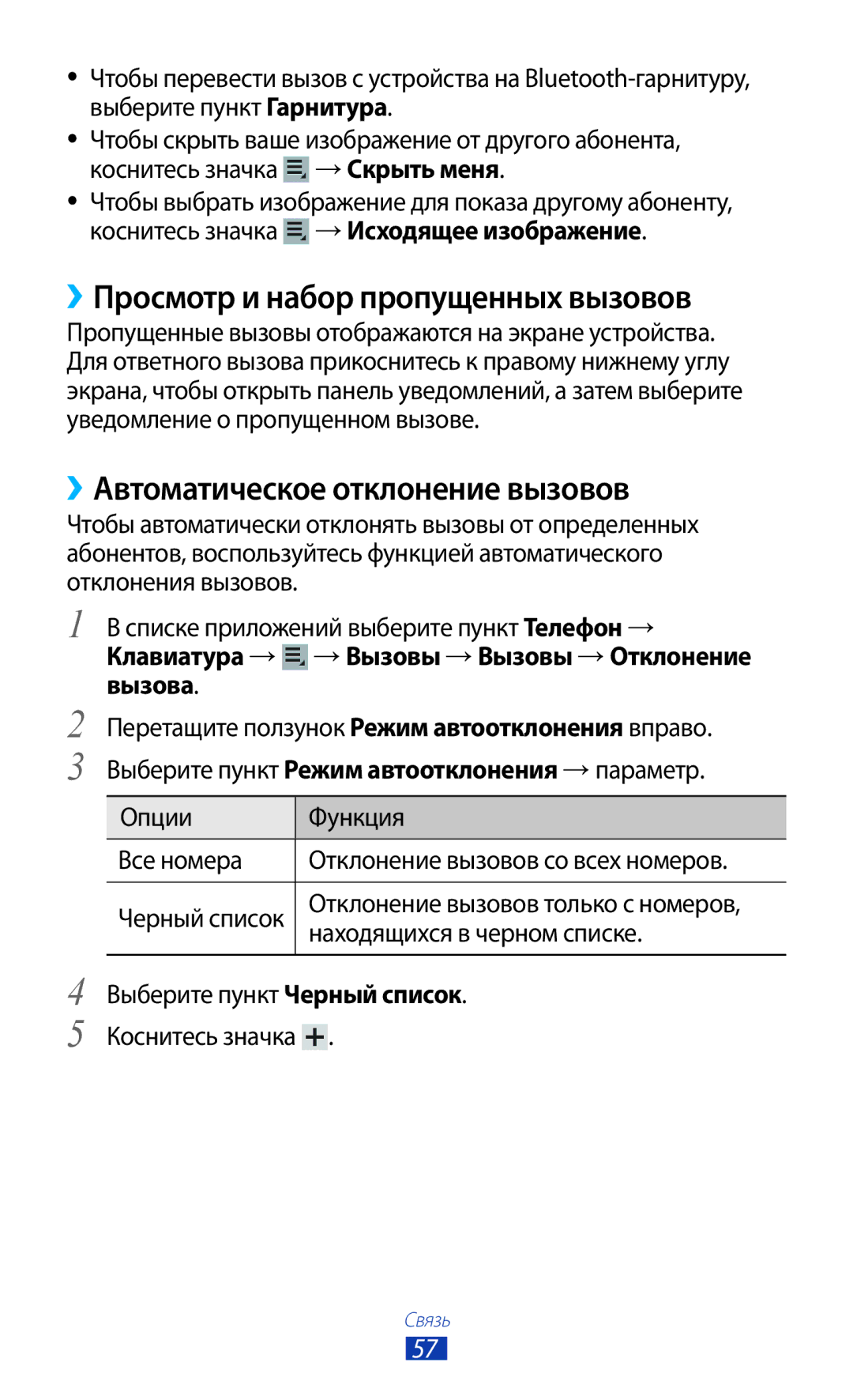 Samsung GT-P6200UWESER, GT-P6200MAASEB ››Просмотр и набор пропущенных вызовов, ››Автоматическое отклонение вызовов, Вызова 