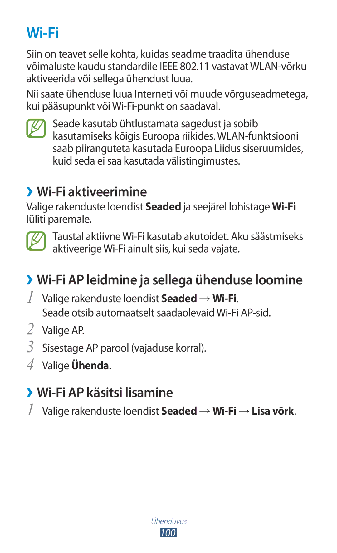 Samsung GT-P6200MAASEB, GT-P6200UWASEB manual ››Wi-Fi aktiveerimine, ››Wi-Fi AP käsitsi lisamine 