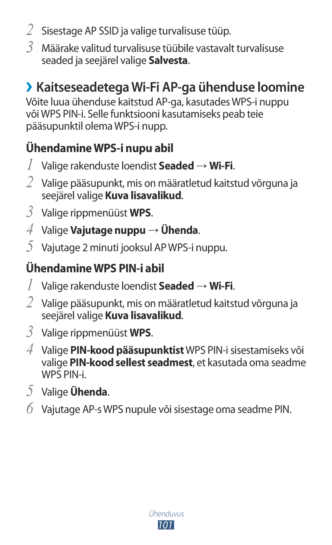 Samsung GT-P6200UWASEB, GT-P6200MAASEB manual Valige Vajutage nuppu → Ühenda, Vajutage 2 minuti jooksul AP WPS-i nuppu 