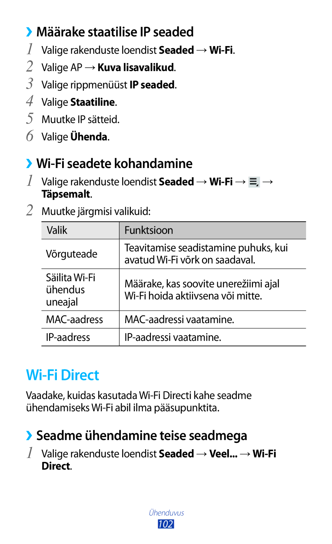 Samsung GT-P6200MAASEB, GT-P6200UWASEB manual Wi-Fi Direct, ››Määrake staatilise IP seaded, Wi-Fi seadete kohandamine 