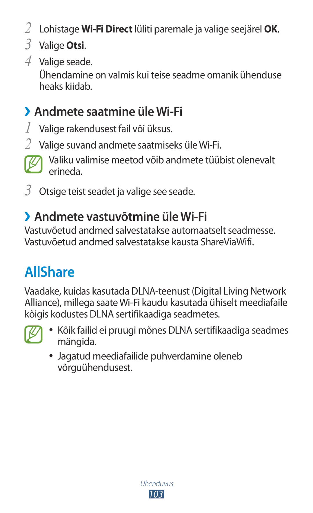 Samsung GT-P6200UWASEB, GT-P6200MAASEB manual AllShare, ››Andmete saatmine üle Wi-Fi, ››Andmete vastuvõtmine üle Wi-Fi 