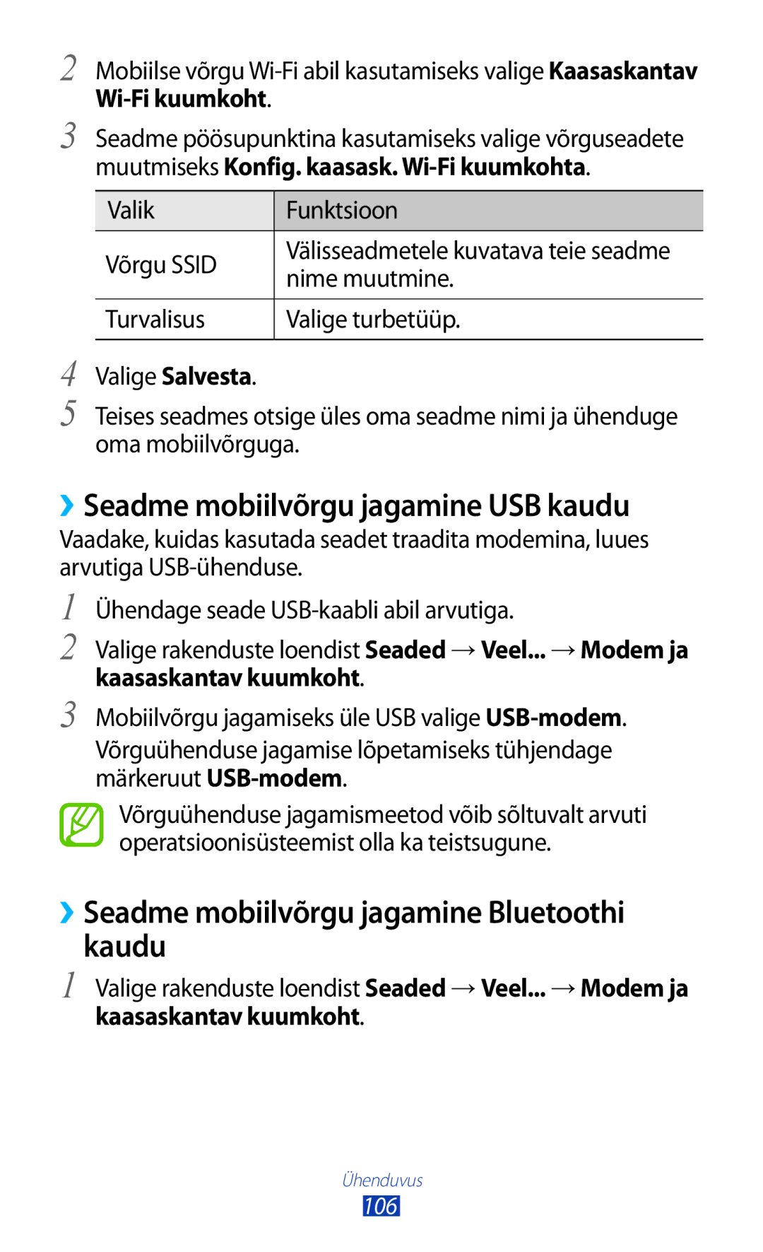 Samsung GT-P6200MAASEB manual ››Seadme mobiilvõrgu jagamine USB kaudu, ››Seadme mobiilvõrgu jagamine Bluetoothi kaudu 