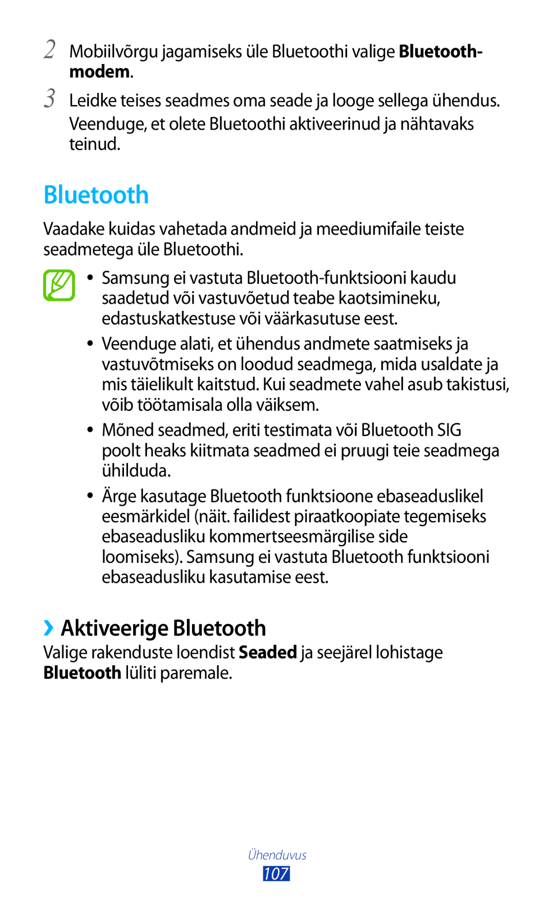 Samsung GT-P6200UWASEB, GT-P6200MAASEB manual ››Aktiveerige Bluetooth 