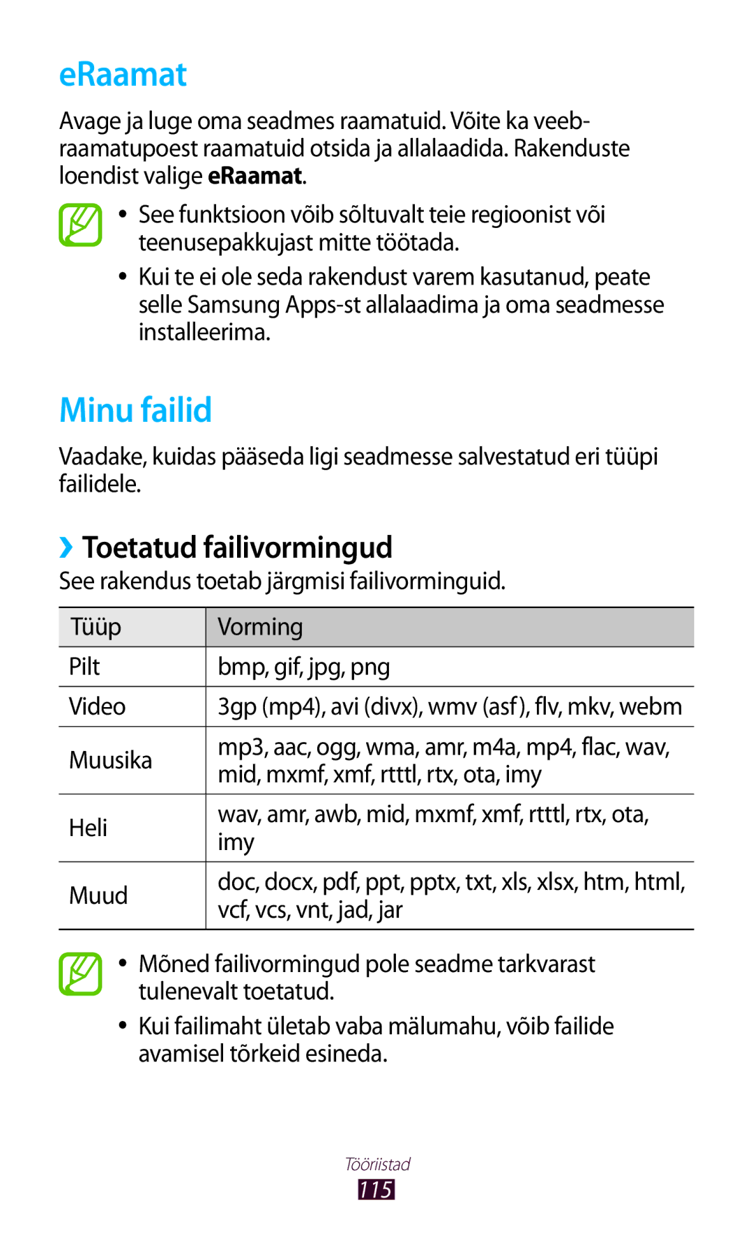 Samsung GT-P6200UWASEB, GT-P6200MAASEB manual ERaamat, Minu failid, ››Toetatud failivormingud 