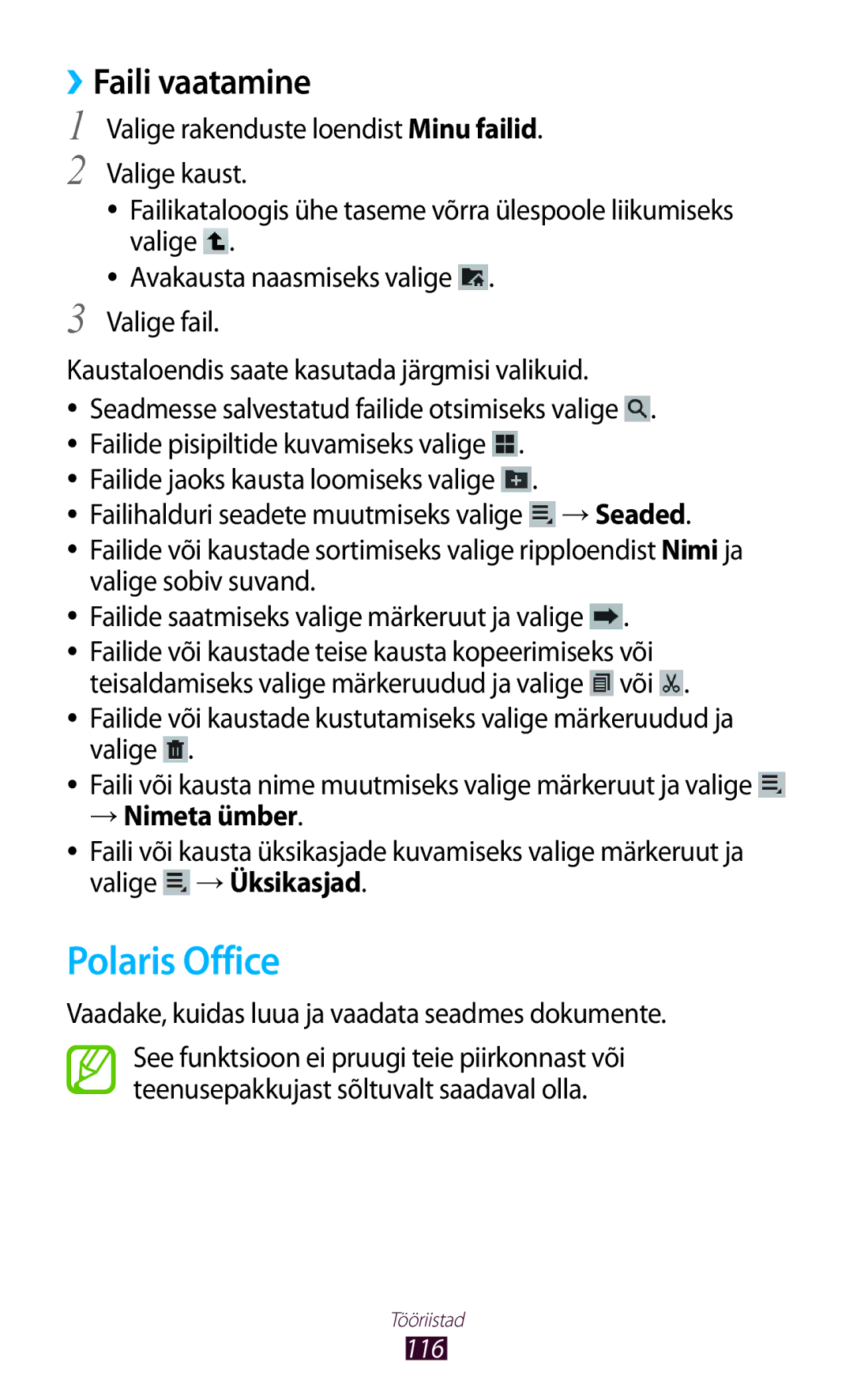 Samsung GT-P6200MAASEB, GT-P6200UWASEB manual Polaris Office, ››Faili vaatamine, Või, → Nimeta ümber 