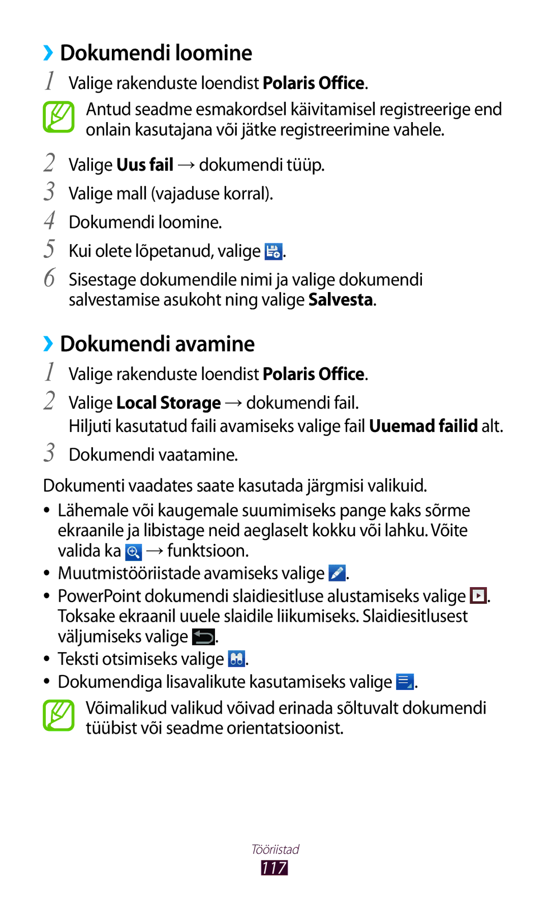 Samsung GT-P6200UWASEB, GT-P6200MAASEB ››Dokumendi loomine, ››Dokumendi avamine, Valige rakenduste loendist Polaris Office 