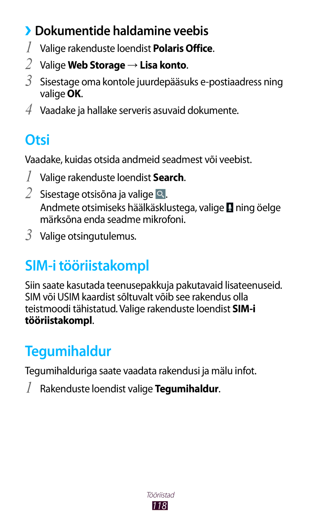 Samsung GT-P6200MAASEB, GT-P6200UWASEB manual Otsi, SIM-i tööriistakompl, Tegumihaldur, ››Dokumentide haldamine veebis 