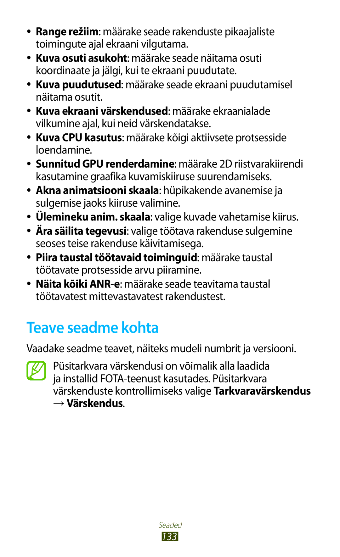 Samsung GT-P6200UWASEB manual Teave seadme kohta, Vaadake seadme teavet, näiteks mudeli numbrit ja versiooni, → Värskendus 