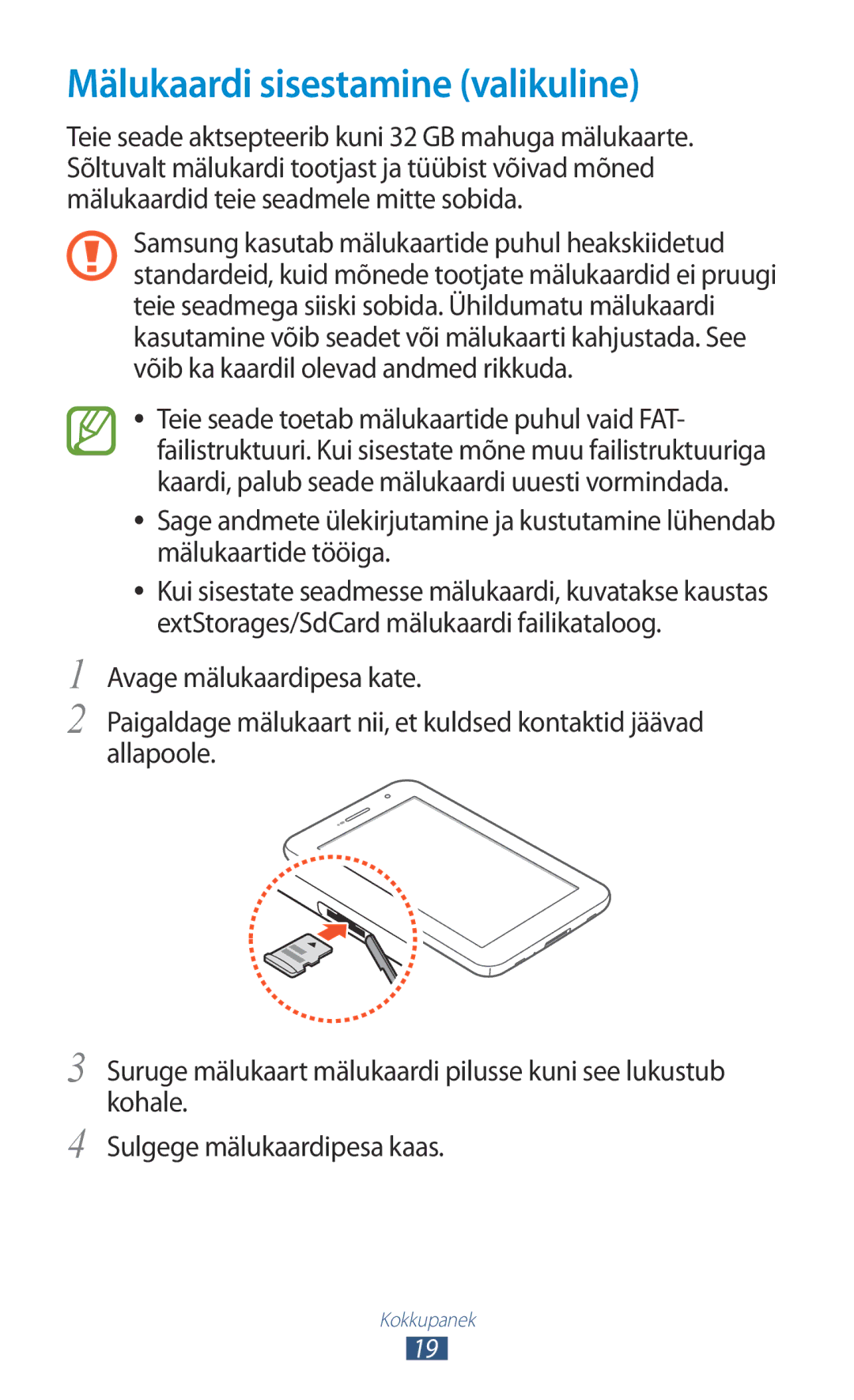 Samsung GT-P6200UWASEB, GT-P6200MAASEB manual Mälukaardi sisestamine valikuline 