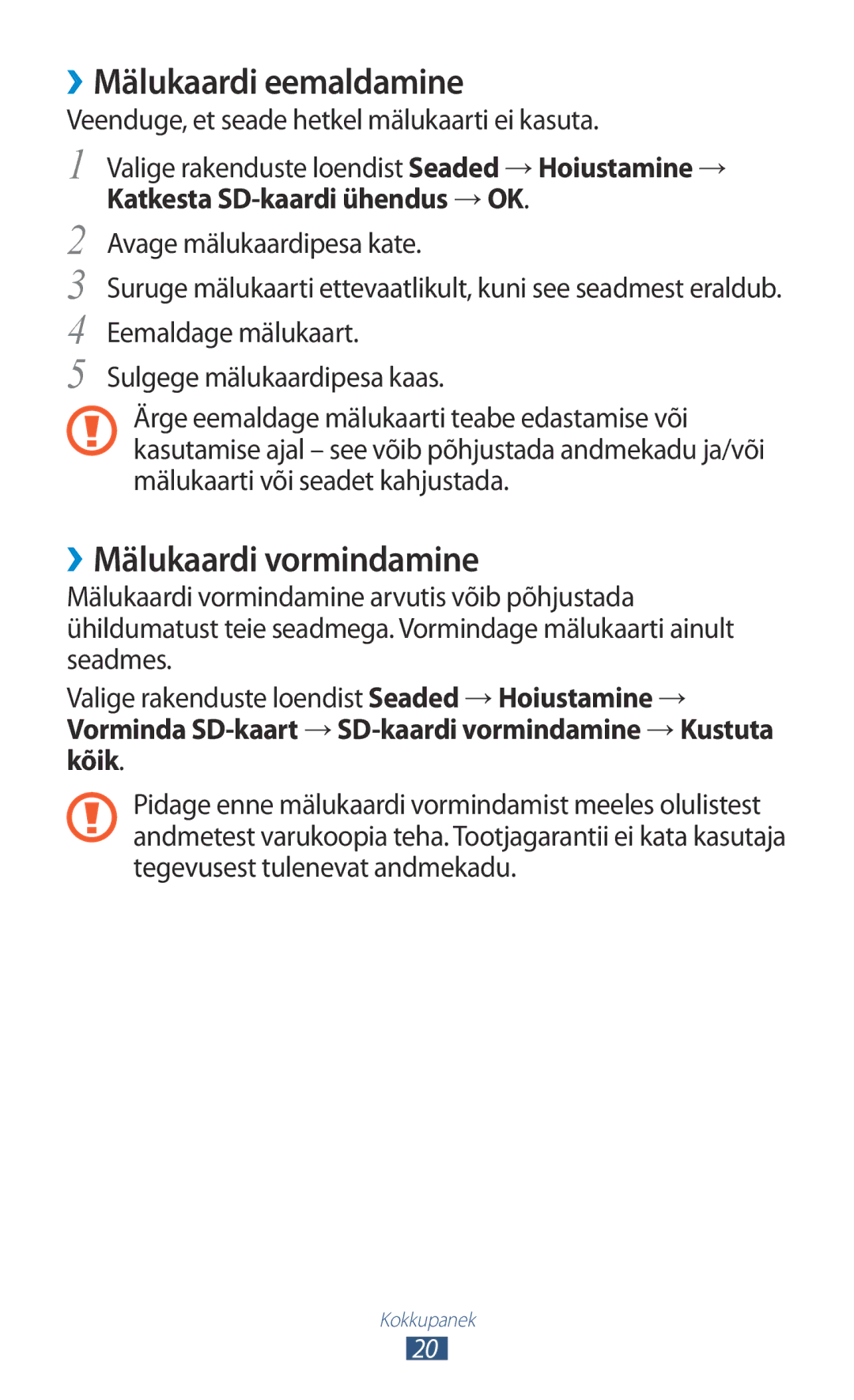 Samsung GT-P6200MAASEB manual ››Mälukaardi eemaldamine, ››Mälukaardi vormindamine, Katkesta SD-kaardi ühendus → OK 