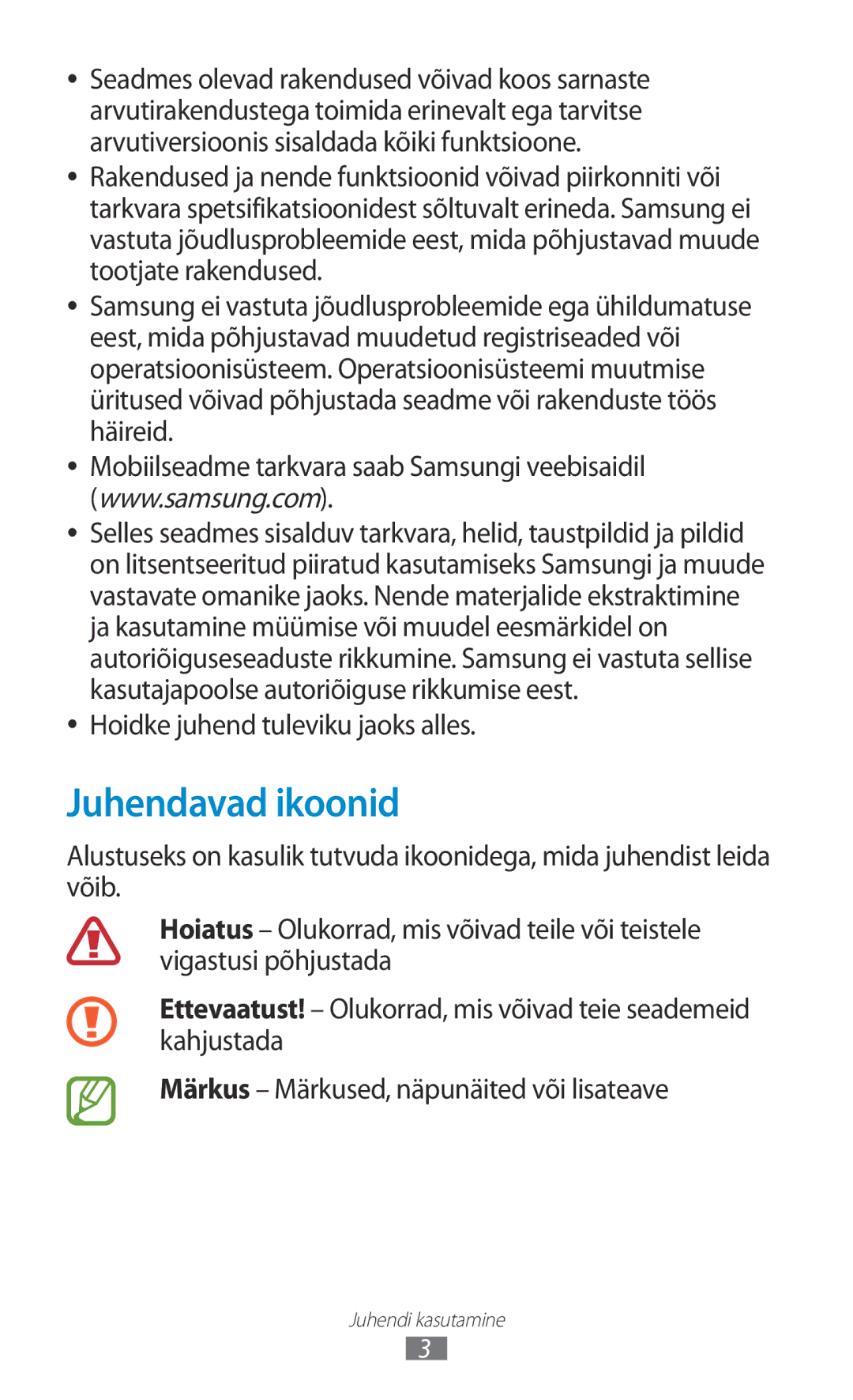 Samsung GT-P6200UWASEB, GT-P6200MAASEB manual Juhendavad ikoonid, Hoidke juhend tuleviku jaoks alles 