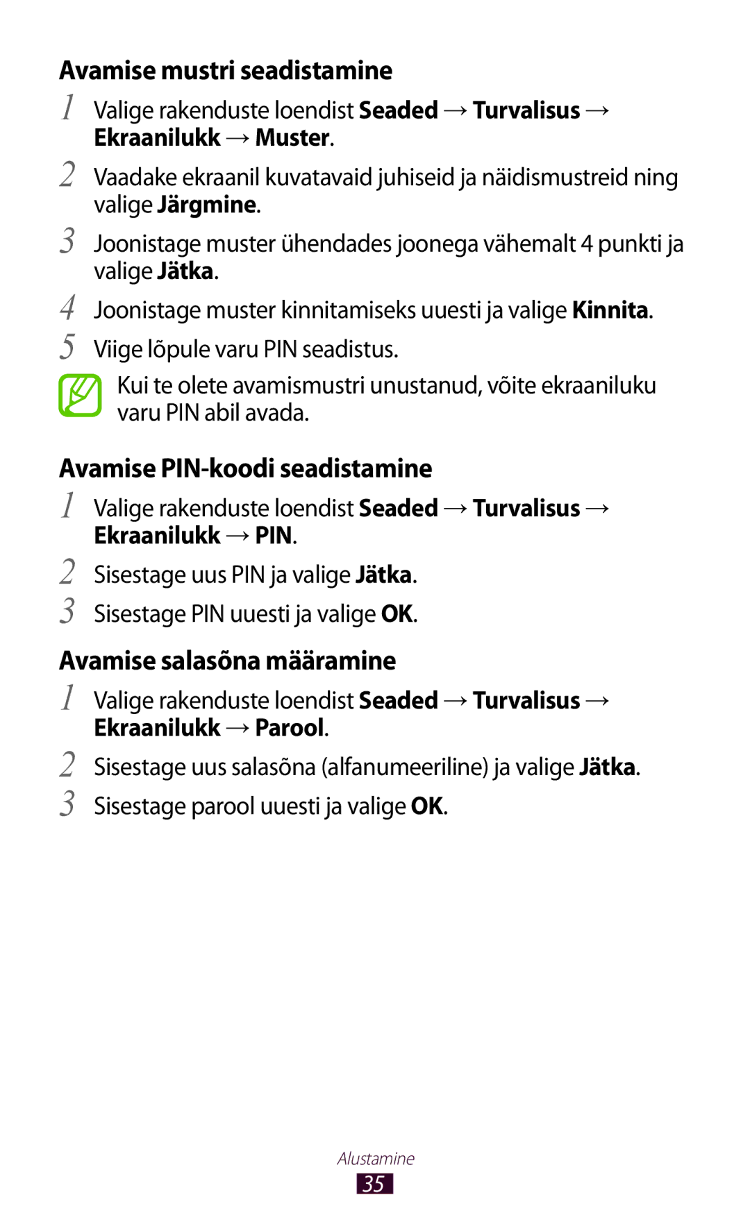 Samsung GT-P6200UWASEB manual Valige rakenduste loendist Seaded → Turvalisus →, Ekraanilukk → Muster, Ekraanilukk → PIN 