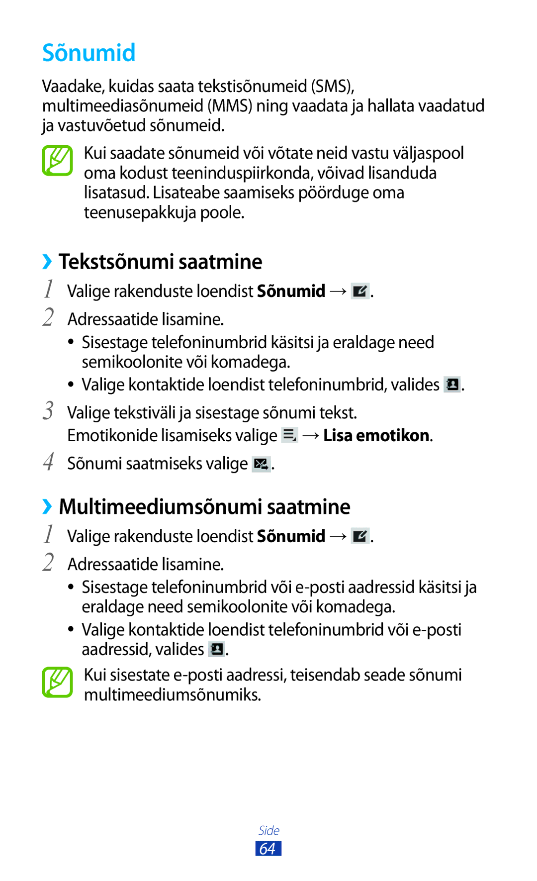 Samsung GT-P6200MAASEB, GT-P6200UWASEB manual Sõnumid, ››Tekstsõnumi saatmine, ››Multimeediumsõnumi saatmine 