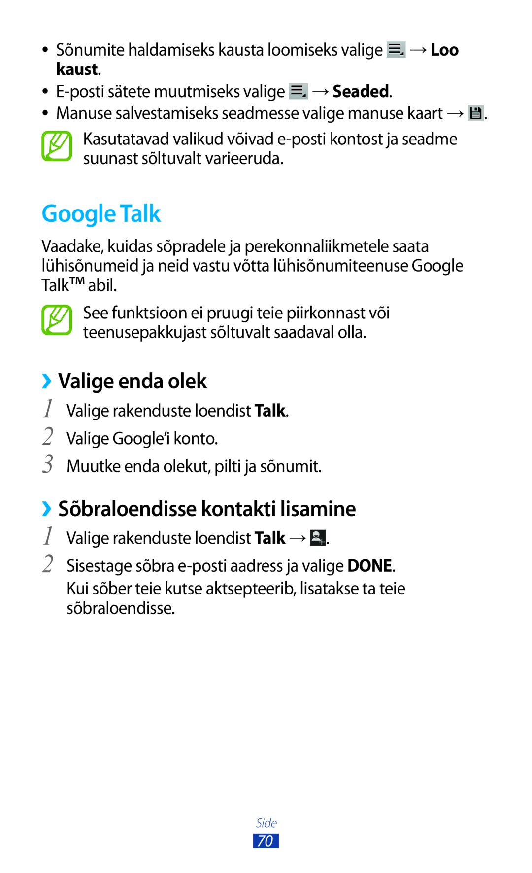 Samsung GT-P6200MAASEB, GT-P6200UWASEB manual Google Talk, ››Valige enda olek, ››Sõbraloendisse kontakti lisamine 