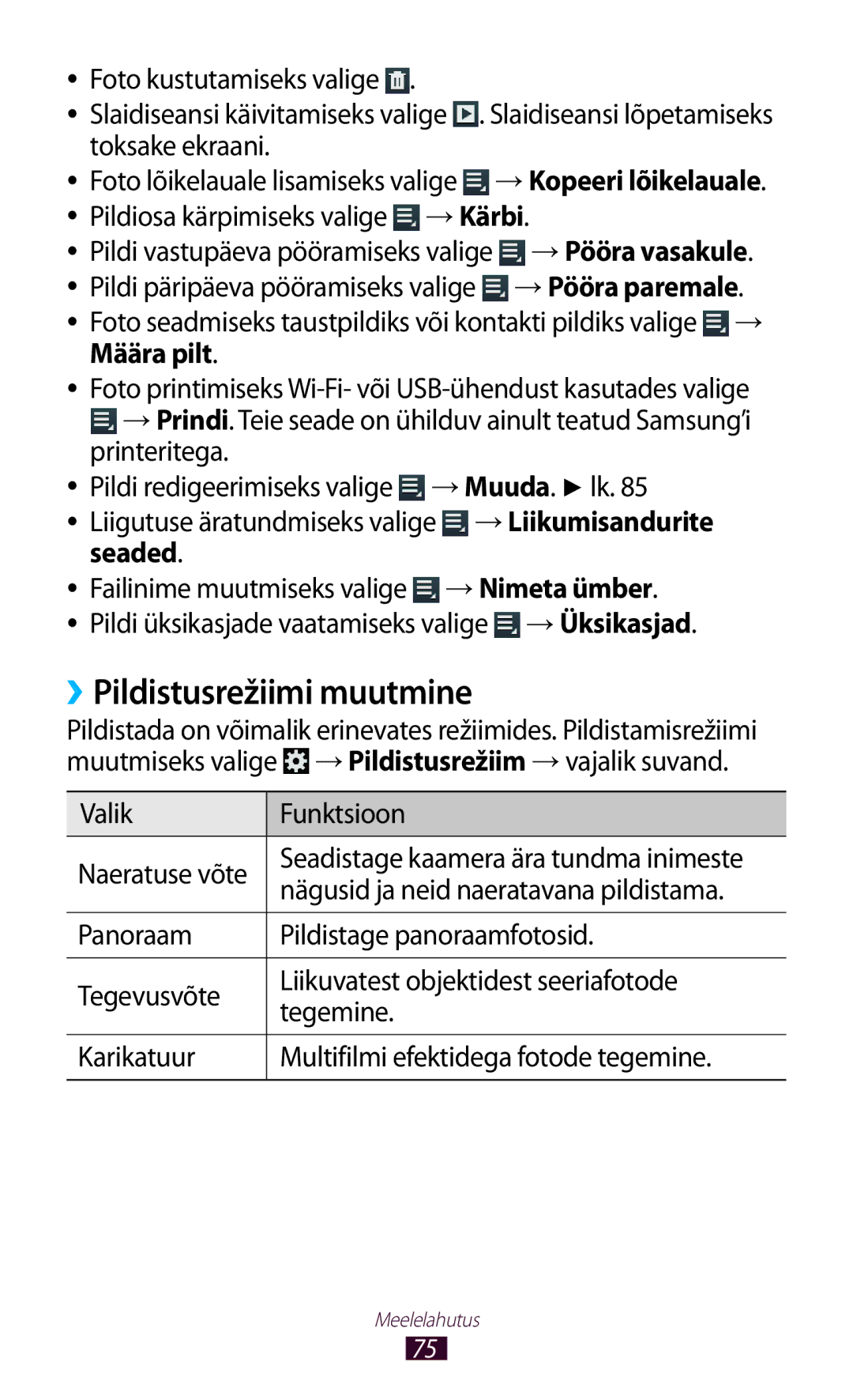 Samsung GT-P6200UWASEB, GT-P6200MAASEB manual ››Pildistusrežiimi muutmine 