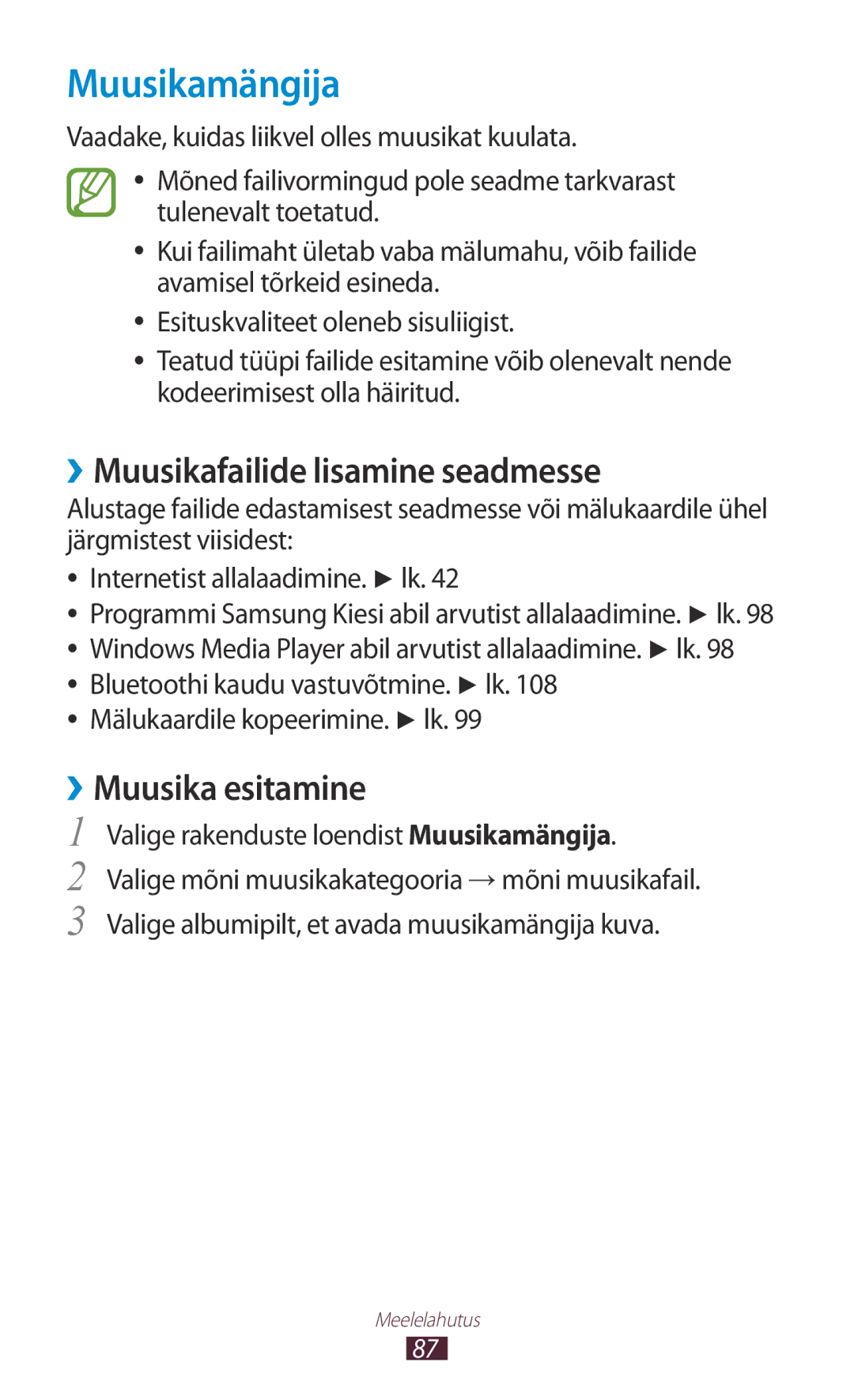 Samsung GT-P6200UWASEB, GT-P6200MAASEB manual Muusikamängija, ››Muusikafailide lisamine seadmesse, ››Muusika esitamine 