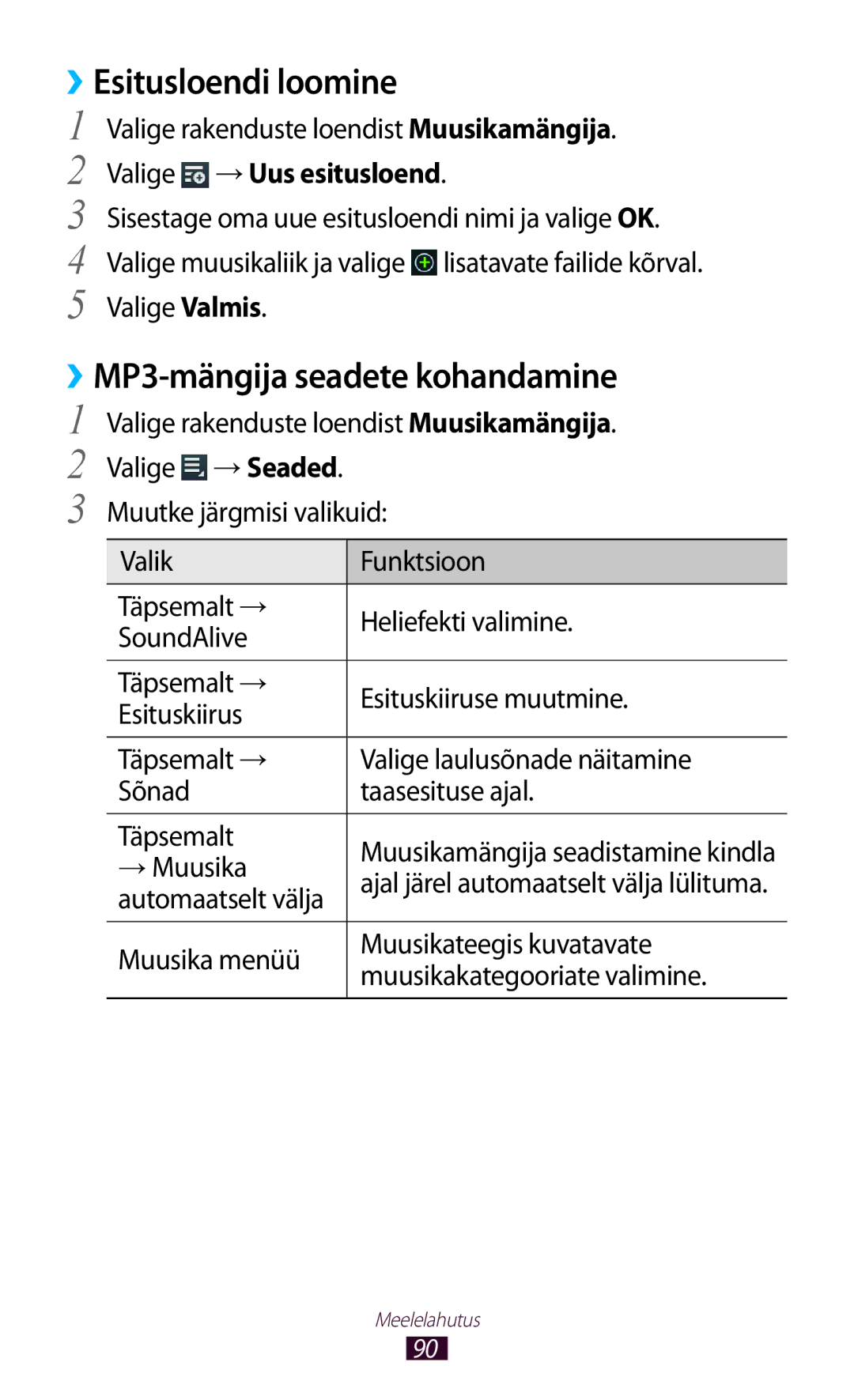 Samsung GT-P6200MAASEB, GT-P6200UWASEB manual ››Esitusloendi loomine, ››MP3-mängija seadete kohandamine 