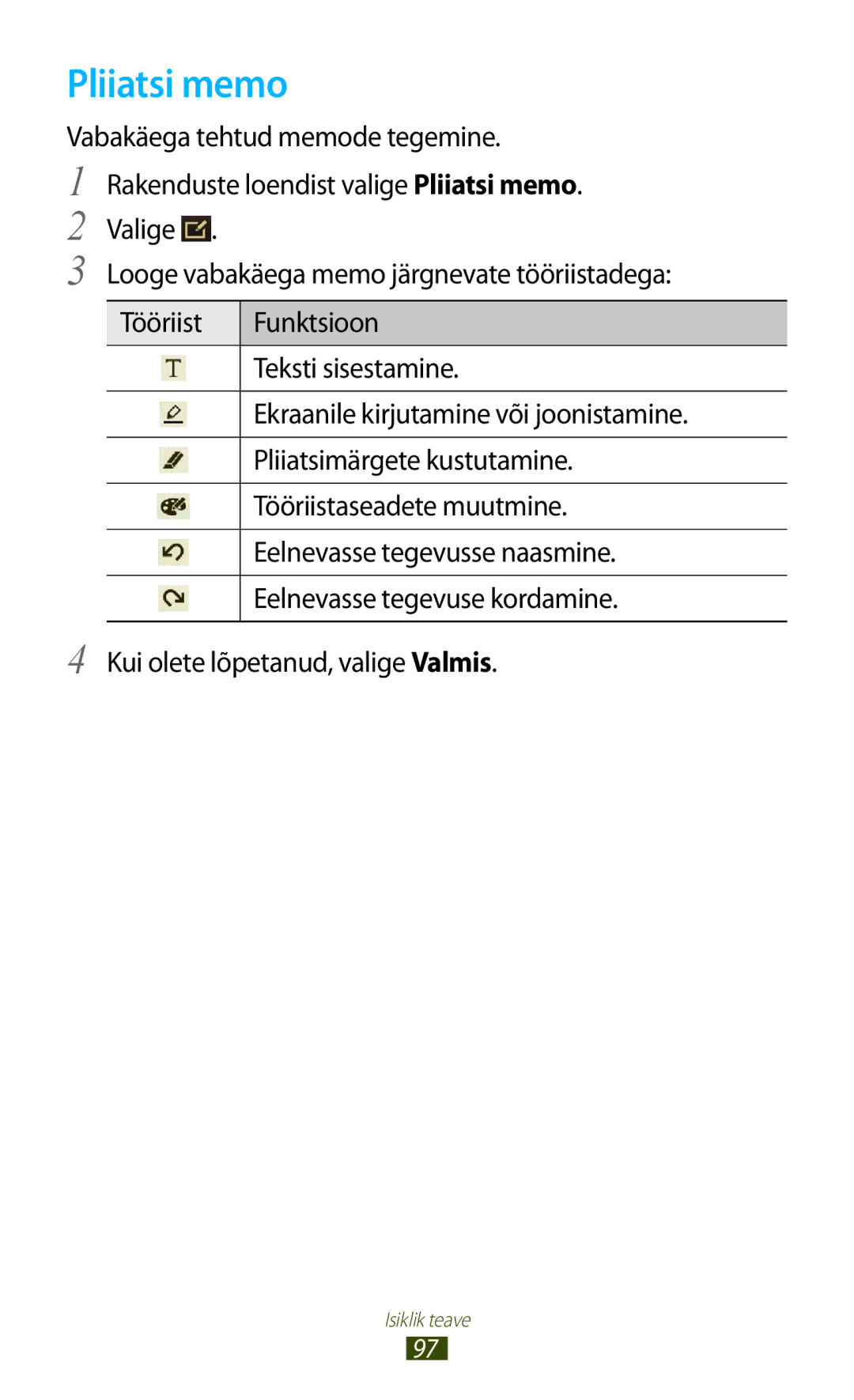 Samsung GT-P6200UWASEB, GT-P6200MAASEB manual Pliiatsi memo 