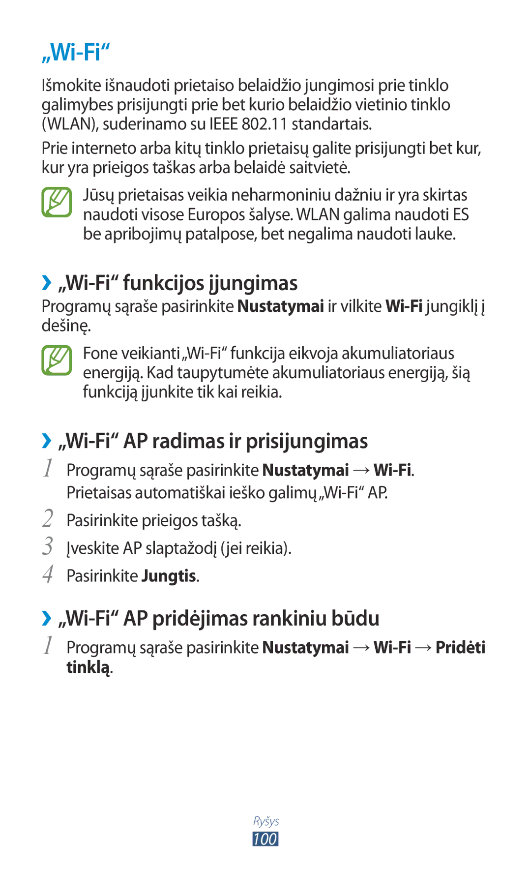 Samsung GT-P6200MAASEB, GT-P6200UWASEB manual ››„Wi-Fi funkcijos įjungimas, ››„Wi-Fi AP radimas ir prisijungimas, Tinklą 