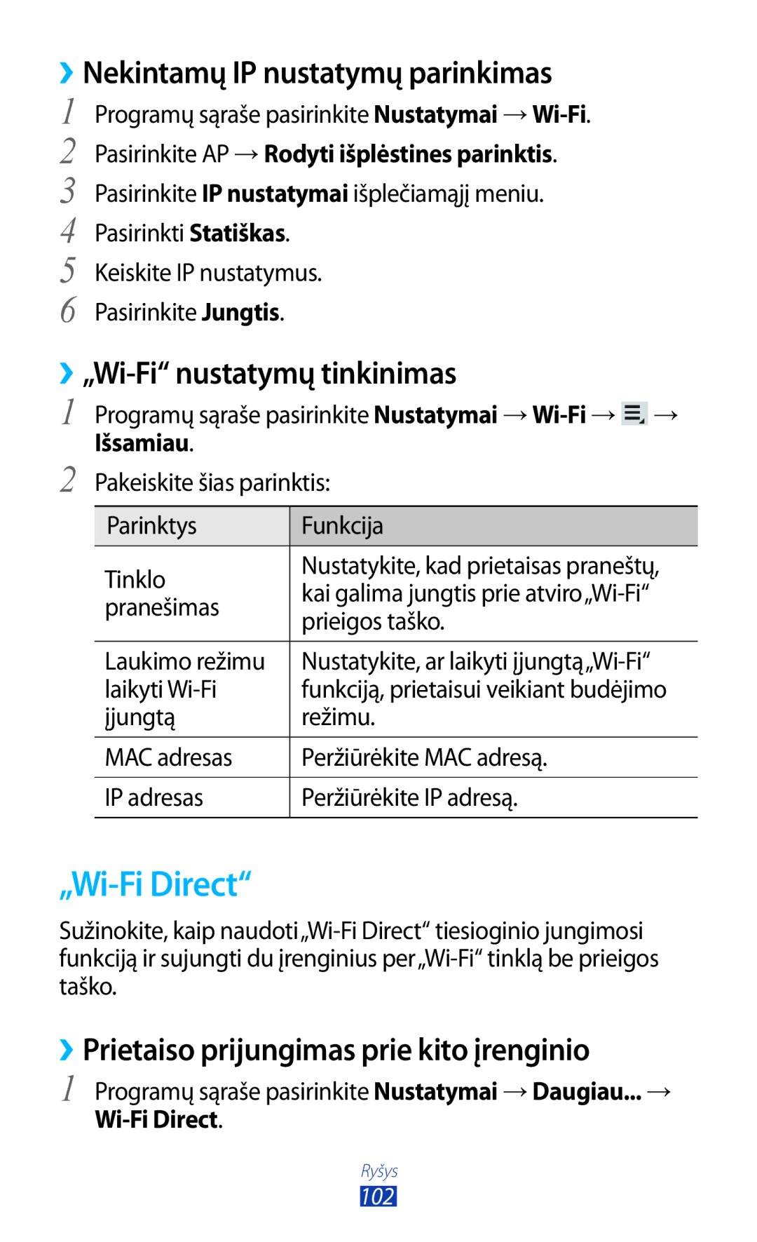 Samsung GT-P6200MAASEB, GT-P6200UWASEB „Wi-Fi Direct, ››Nekintamų IP nustatymų parinkimas, ››„Wi-Fi nustatymų tinkinimas 