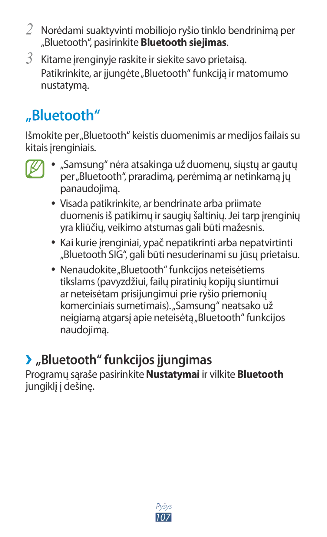 Samsung GT-P6200UWASEB, GT-P6200MAASEB manual ››„Bluetooth funkcijos įjungimas 