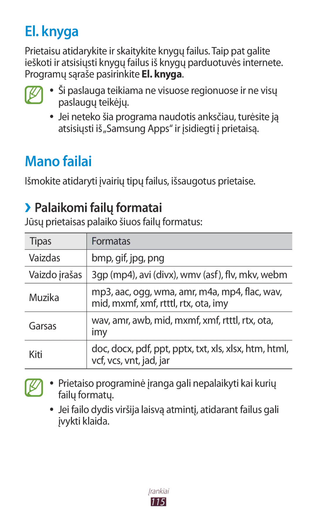 Samsung GT-P6200UWASEB, GT-P6200MAASEB manual El. knyga, Mano failai, ››Palaikomi failų formatai 