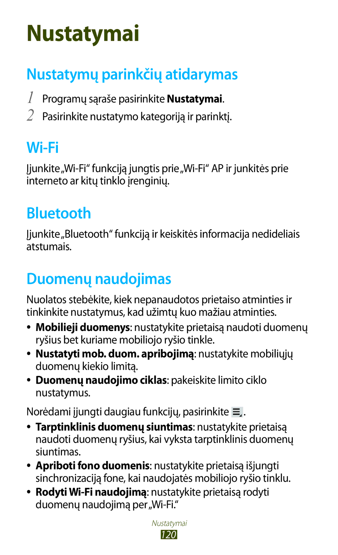 Samsung GT-P6200MAASEB, GT-P6200UWASEB manual Nustatymų parinkčių atidarymas, Wi-Fi, Bluetooth, Duomenų naudojimas 