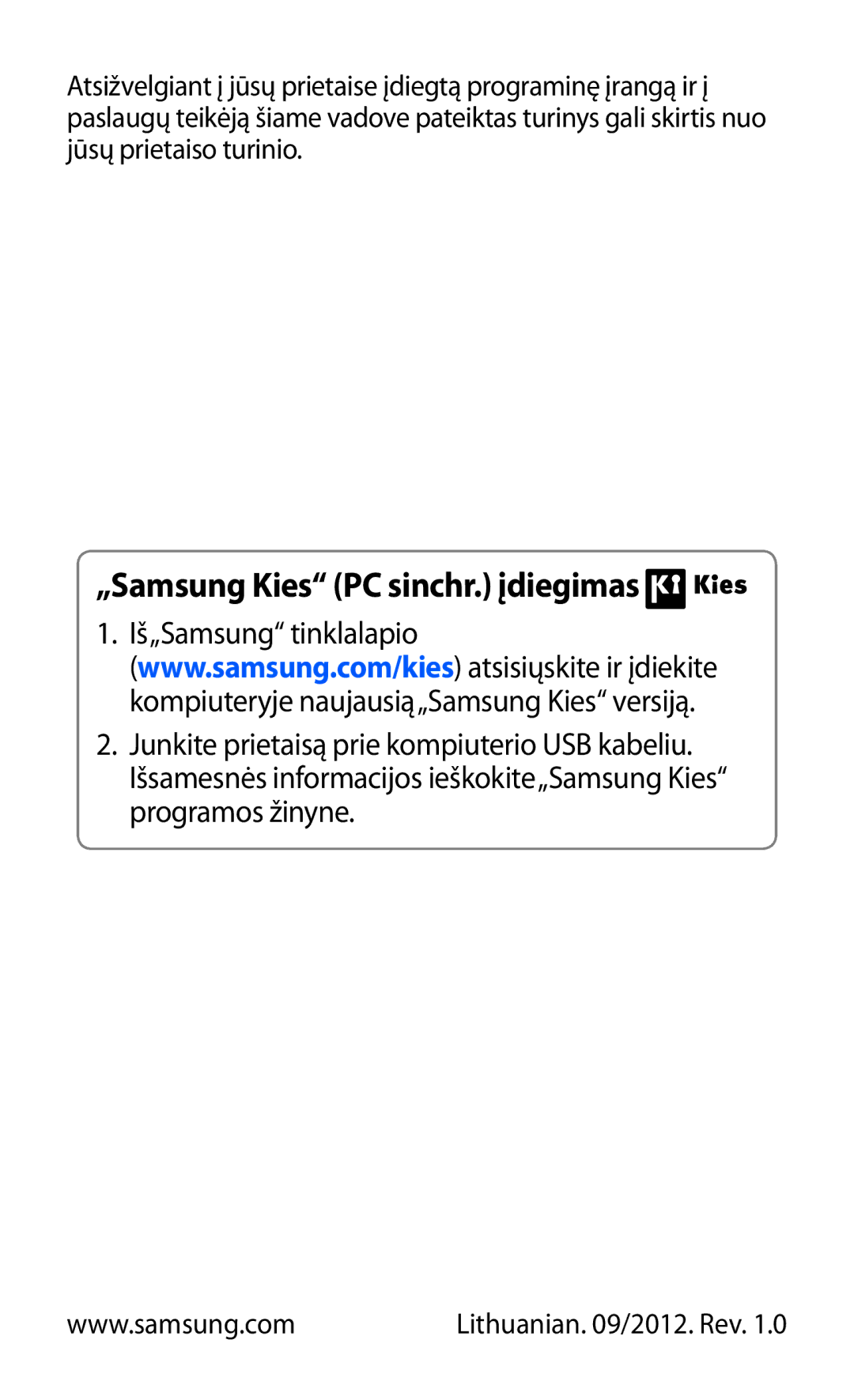 Samsung GT-P6200MAASEB, GT-P6200UWASEB manual „Samsung Kies PC sinchr. įdiegimas 