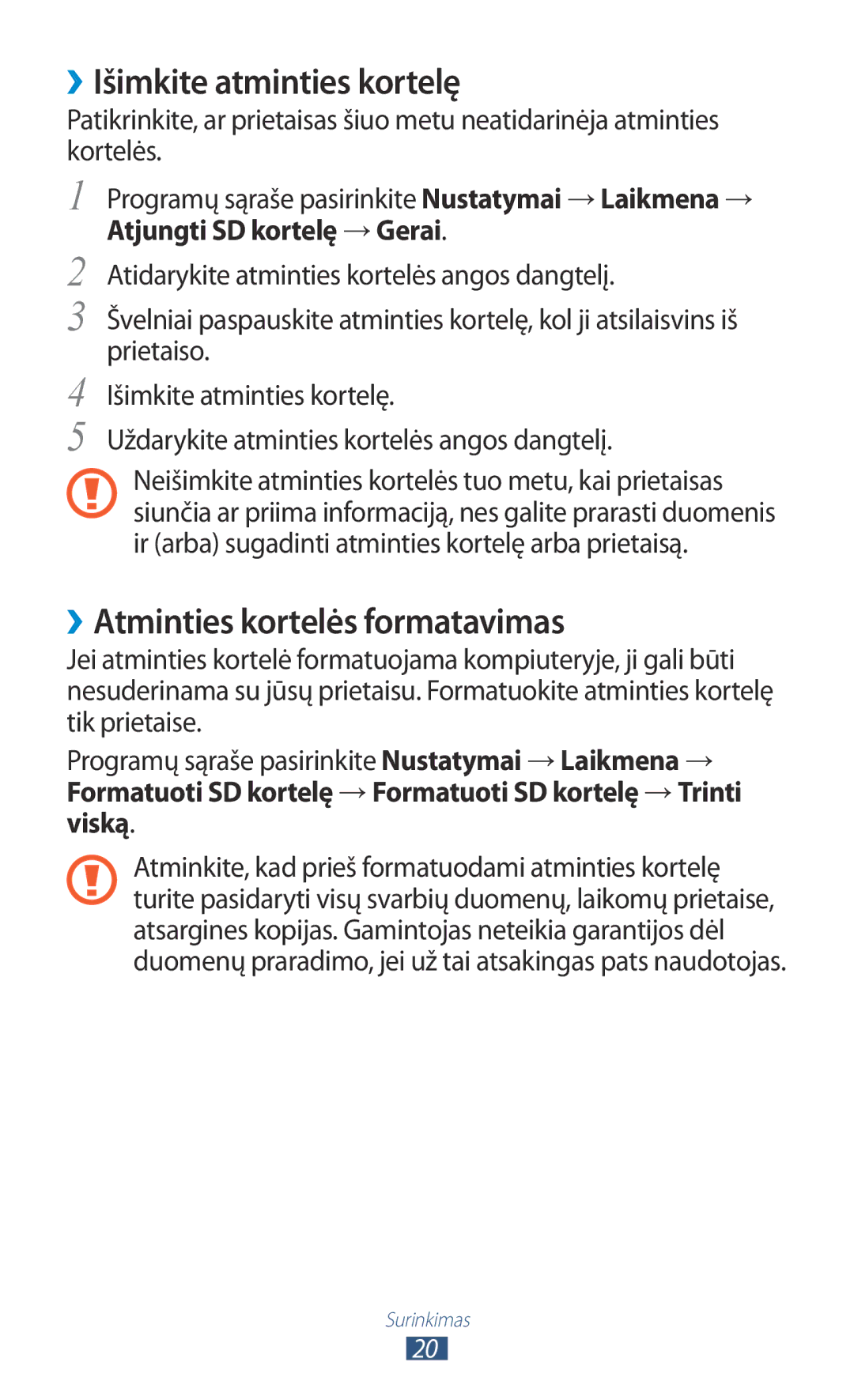 Samsung GT-P6200MAASEB manual ››Išimkite atminties kortelę, ››Atminties kortelės formatavimas, Atjungti SD kortelę → Gerai 