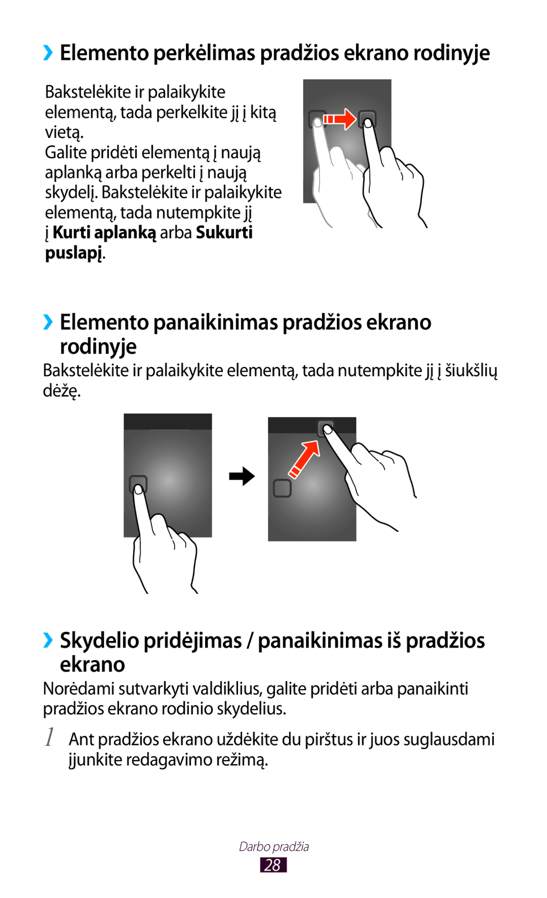 Samsung GT-P6200MAASEB manual ››Elemento panaikinimas pradžios ekrano rodinyje, Kurti aplanką arba Sukurti puslapį 