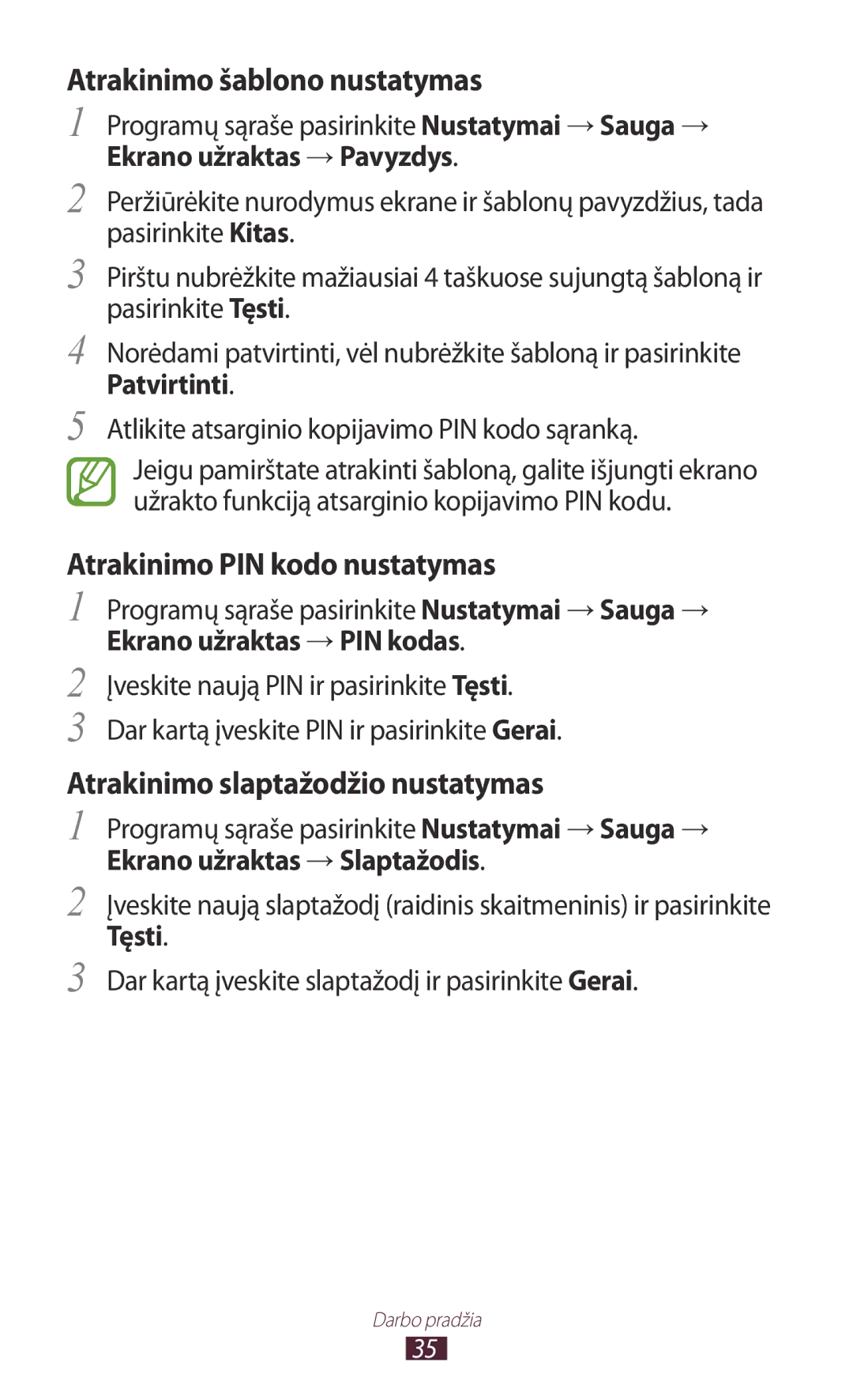 Samsung GT-P6200UWASEB, GT-P6200MAASEB manual Atrakinimo šablono nustatymas 