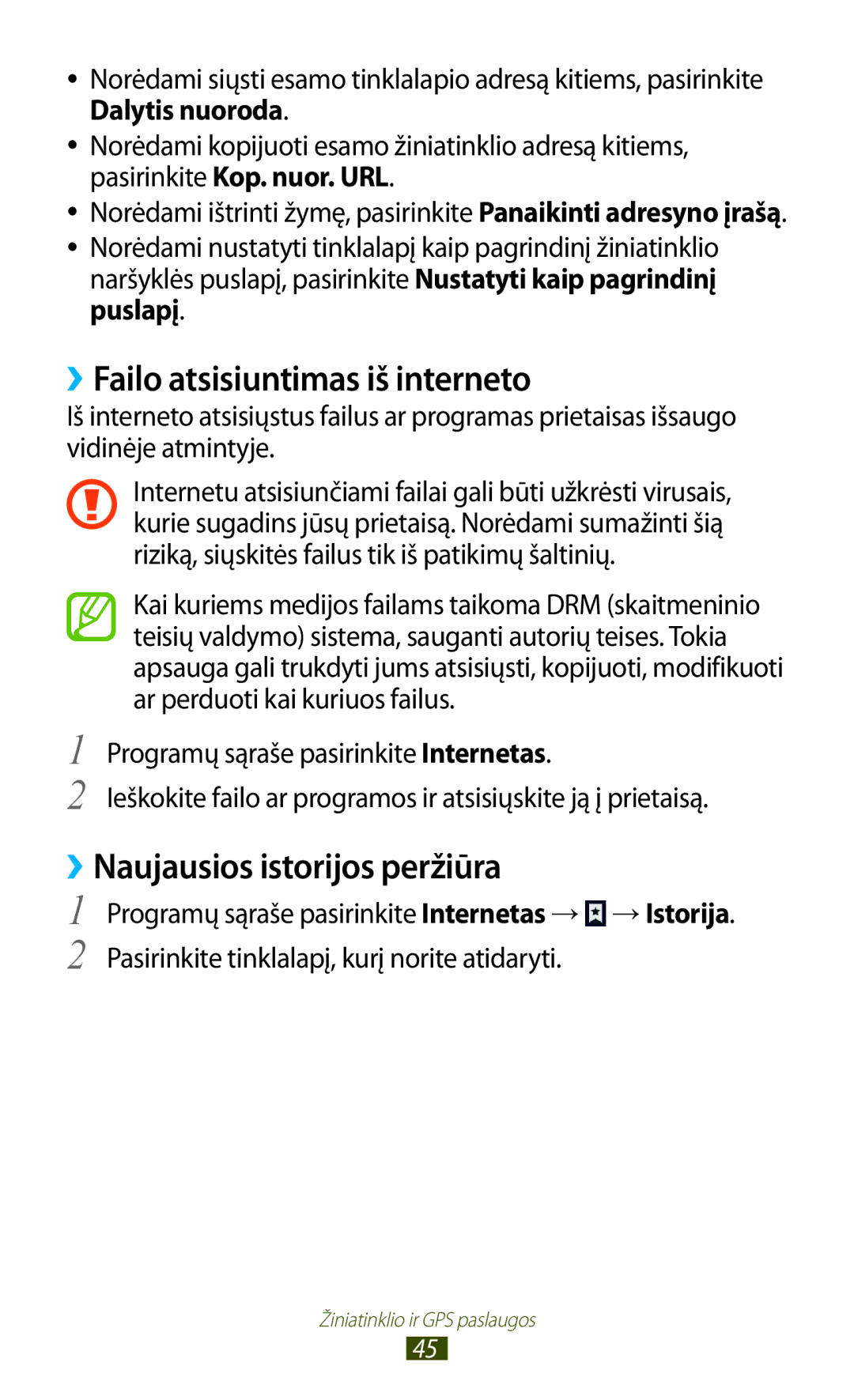 Samsung GT-P6200UWASEB, GT-P6200MAASEB manual ››Failo atsisiuntimas iš interneto, ››Naujausios istorijos peržiūra 