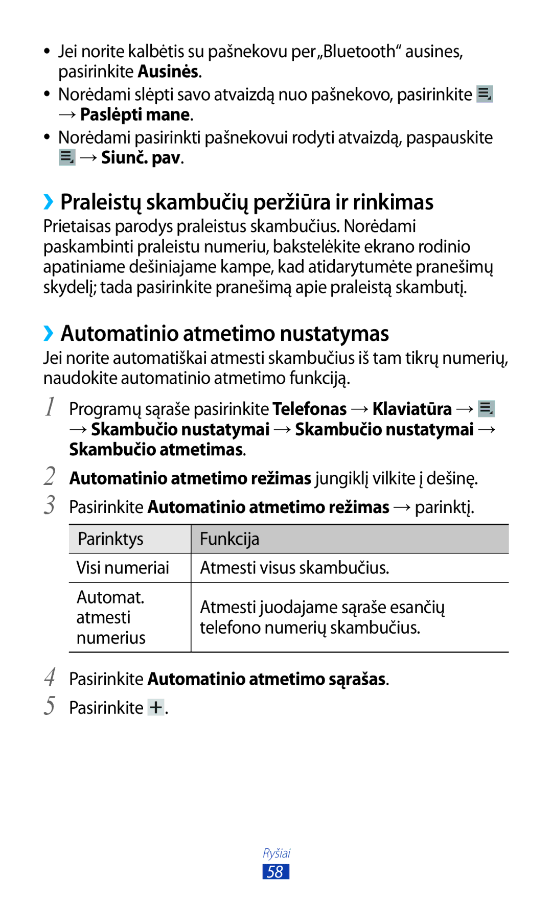 Samsung GT-P6200MAASEB ››Praleistų skambučių peržiūra ir rinkimas, ››Automatinio atmetimo nustatymas, → Paslėpti mane 