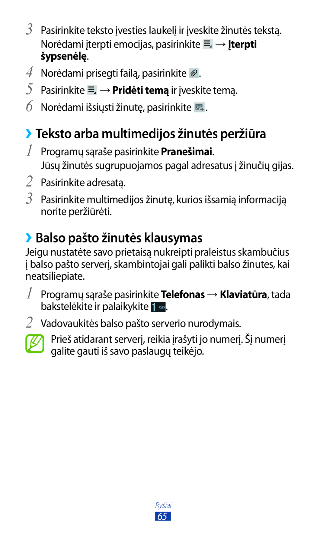 Samsung GT-P6200UWASEB, GT-P6200MAASEB manual ››Teksto arba multimedijos žinutės peržiūra, ››Balso pašto žinutės klausymas 