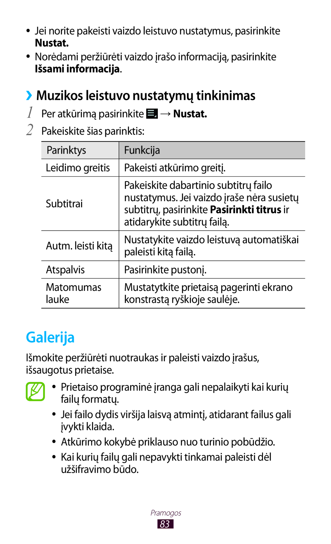 Samsung GT-P6200UWASEB, GT-P6200MAASEB manual Galerija, ››Muzikos leistuvo nustatymų tinkinimas 