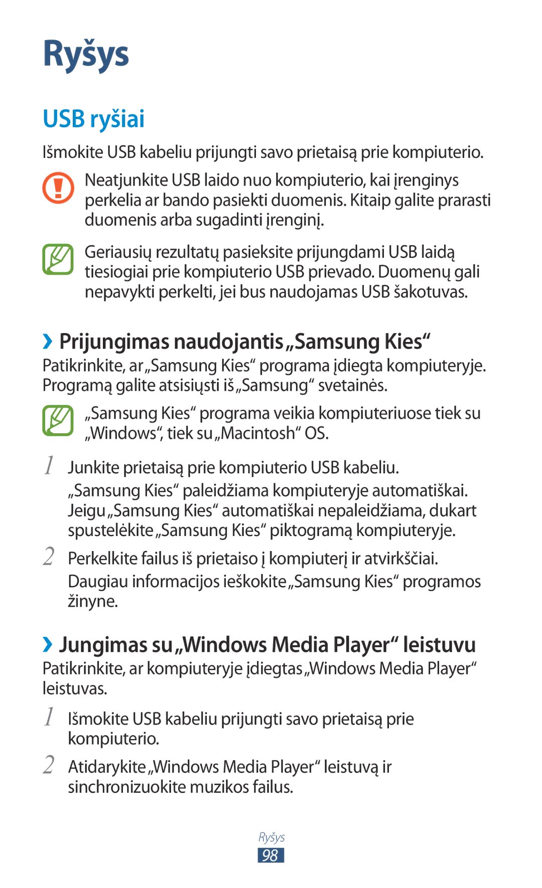 Samsung GT-P6200MAASEB, GT-P6200UWASEB manual USB ryšiai, ››Prijungimas naudojantis„Samsung Kies 