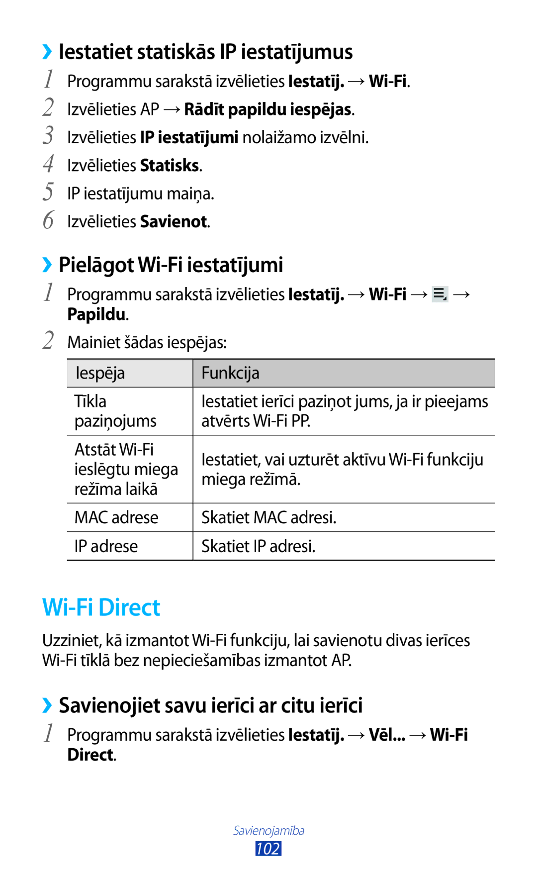 Samsung GT-P6200MAASEB, GT-P6200UWASEB Wi-Fi Direct, ››Iestatiet statiskās IP iestatījumus, ››Pielāgot Wi-Fi iestatījumi 