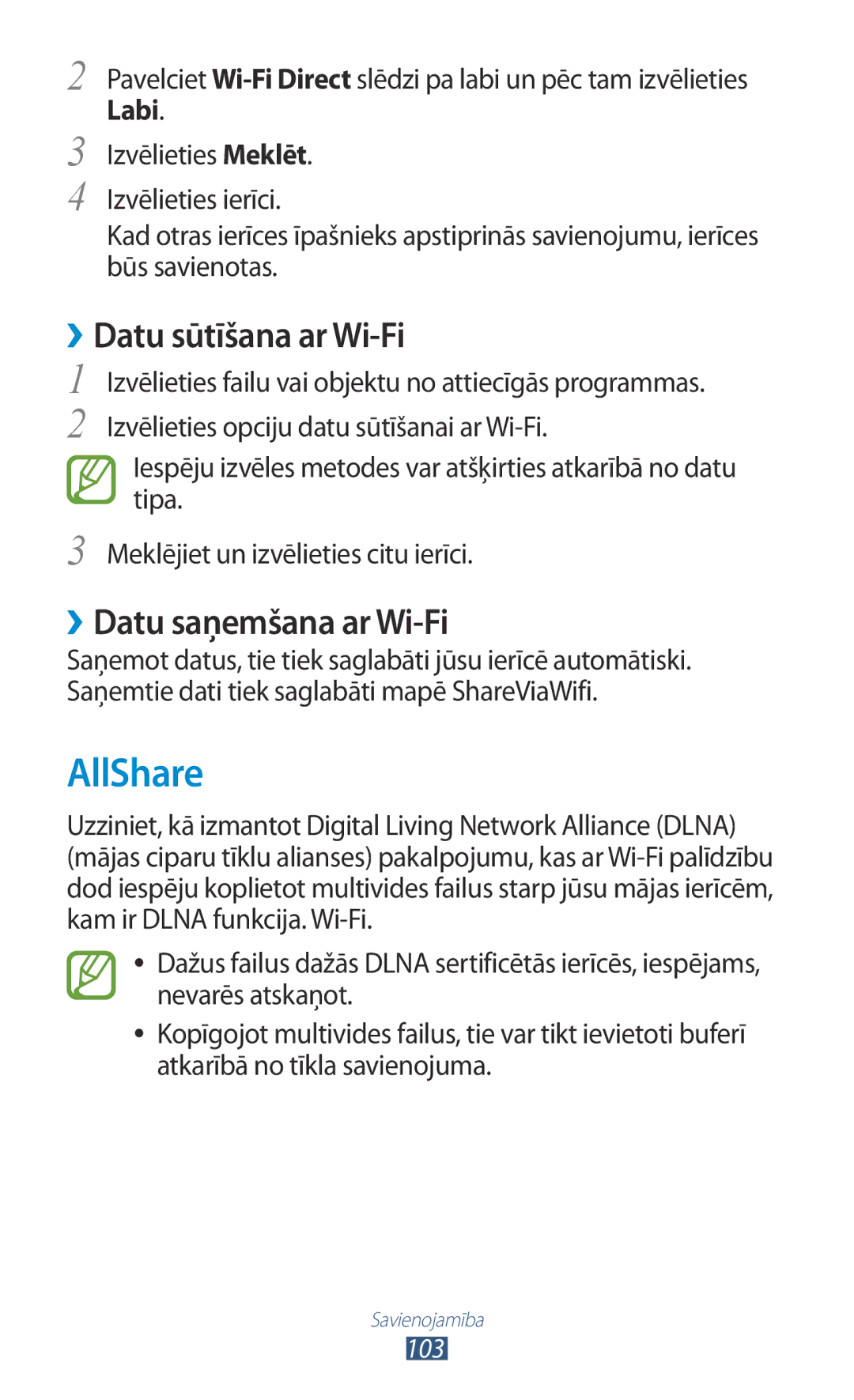 Samsung GT-P6200UWASEB, GT-P6200MAASEB manual AllShare, ››Datu sūtīšana ar Wi-Fi, ››Datu saņemšana ar Wi-Fi 